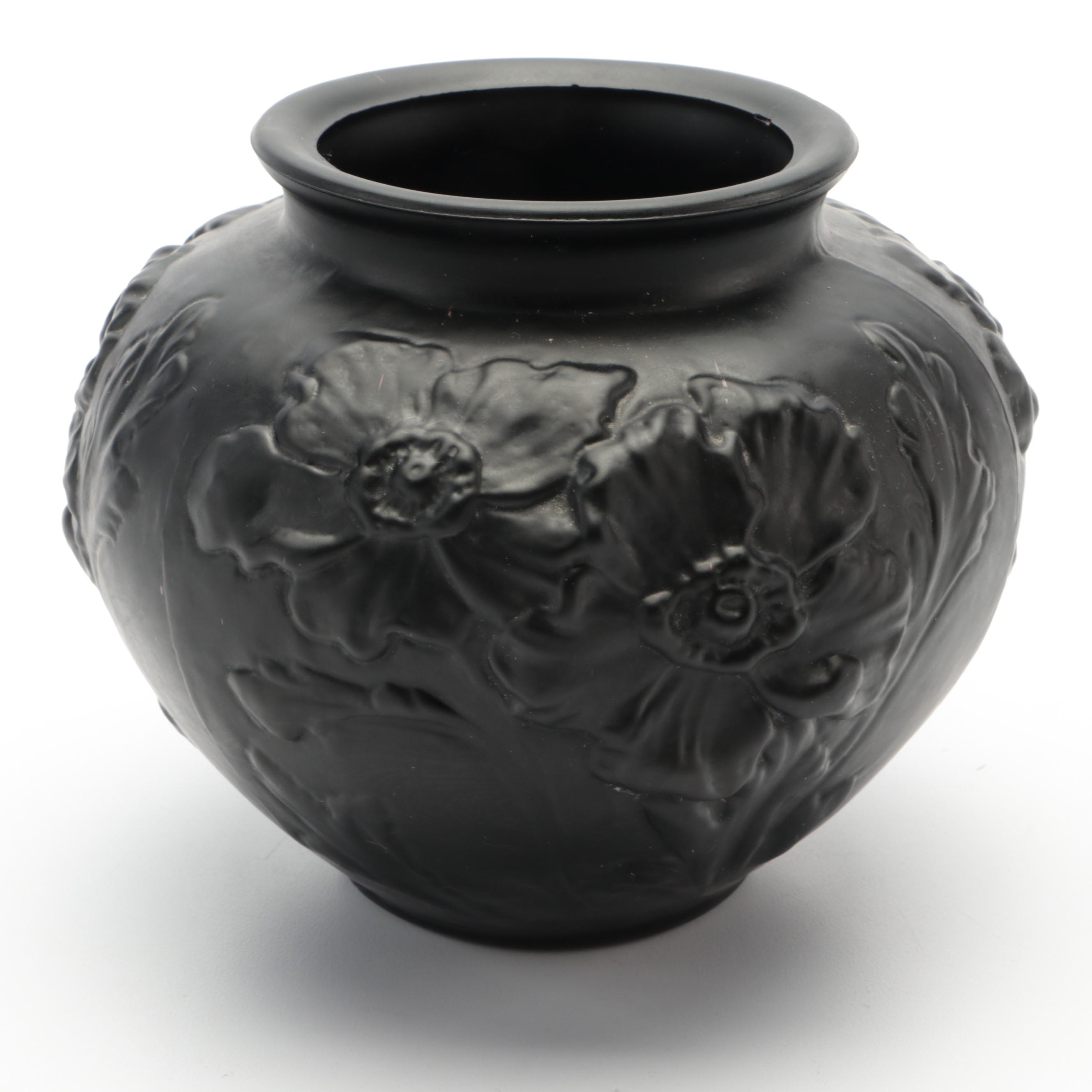 Tiffin-Franciscan "Poppy" Black Satin Glass Vase with Chinese Faux Cinnabar Jar