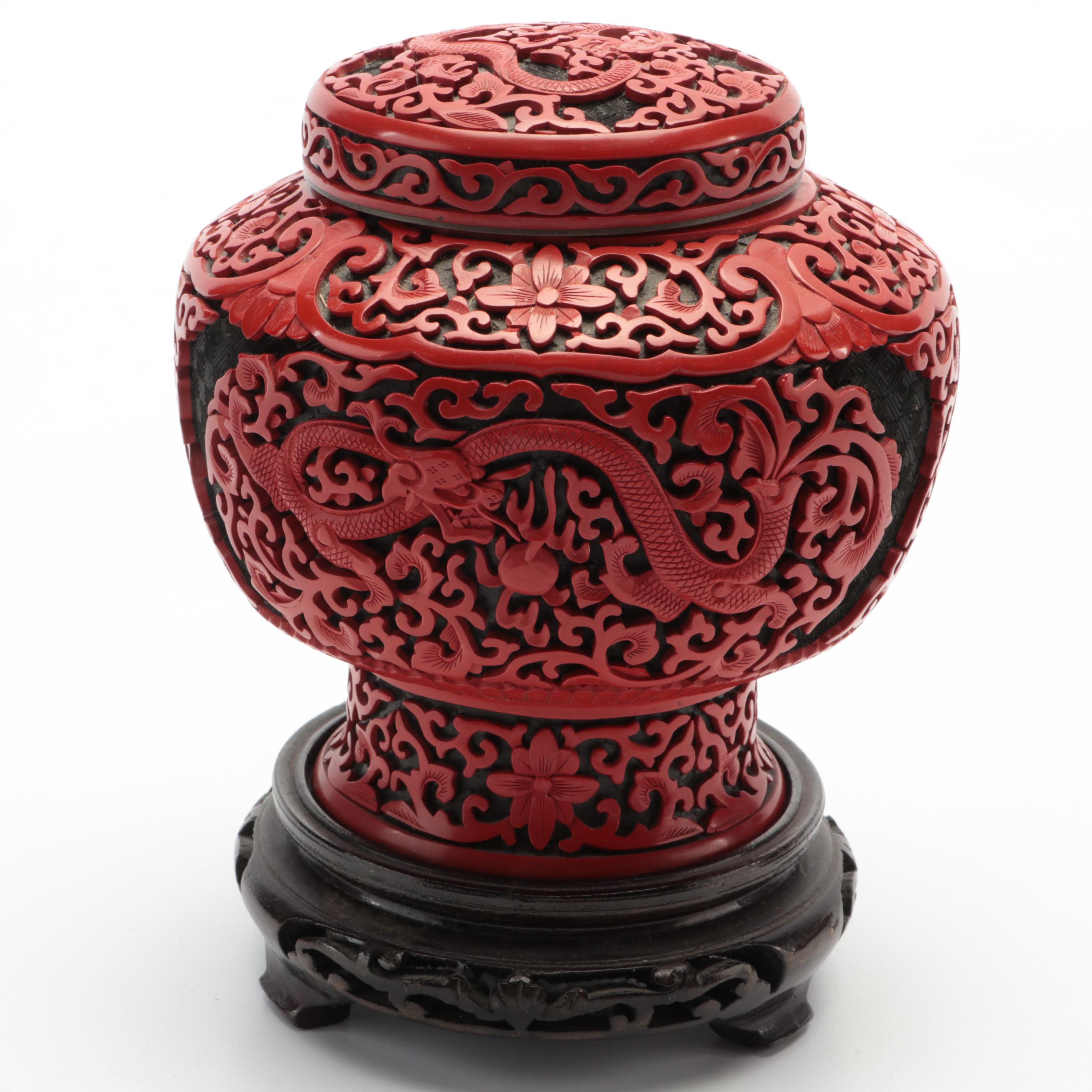 Tiffin-Franciscan "Poppy" Black Satin Glass Vase with Chinese Faux Cinnabar Jar