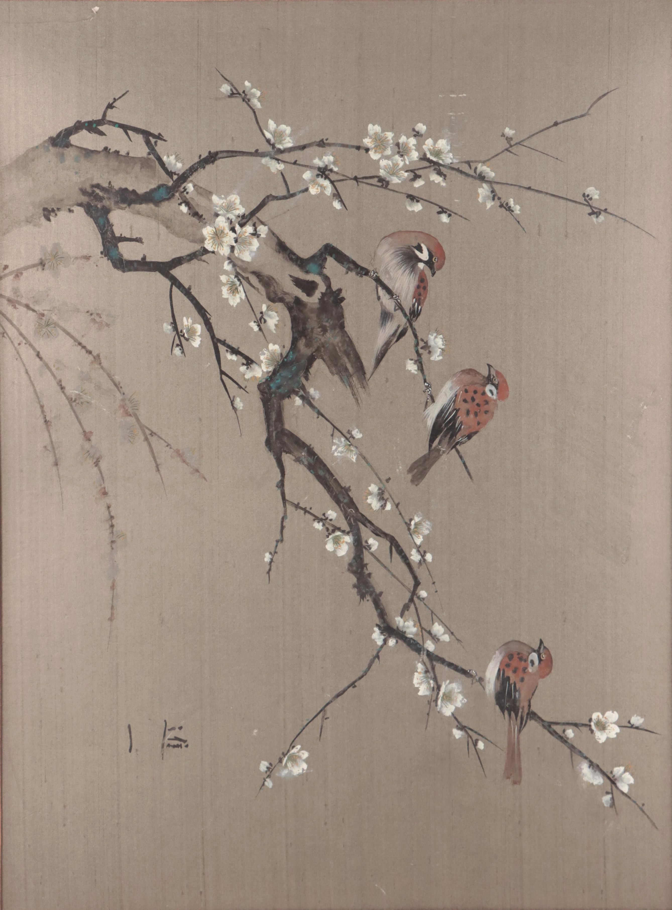 East Asian Gouache and Ink Painting of Birds