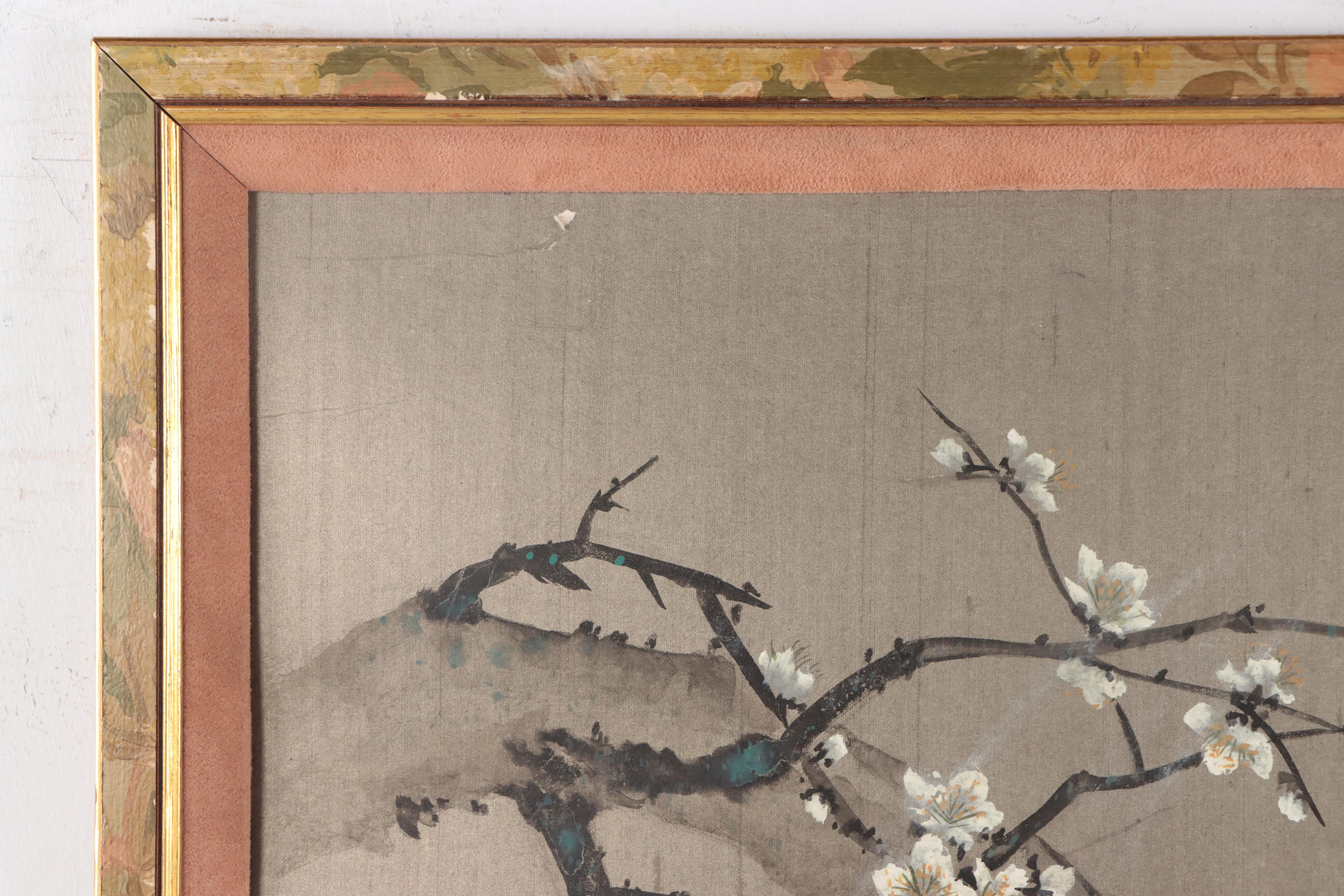 East Asian Gouache and Ink Painting of Birds