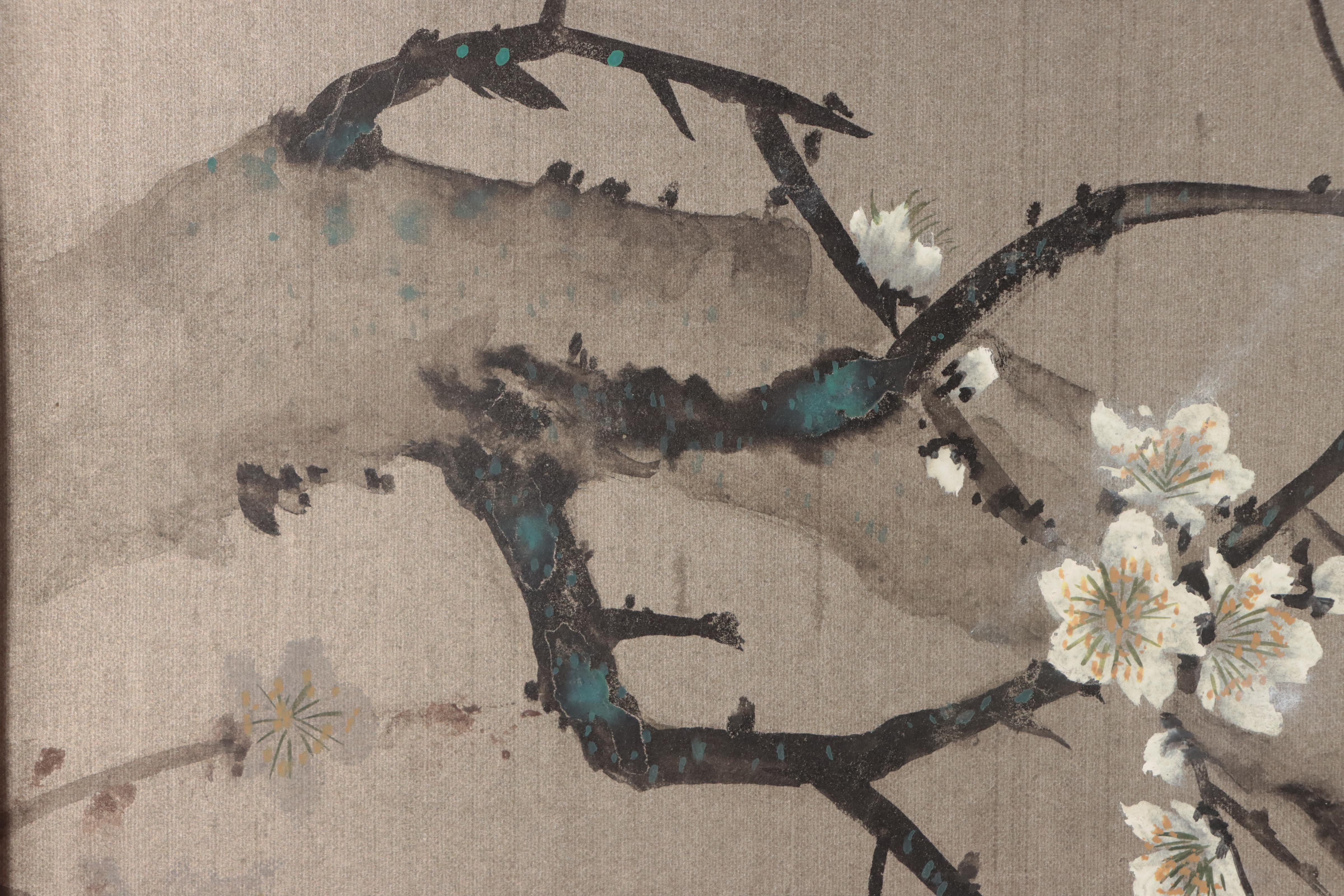 East Asian Gouache and Ink Painting of Birds