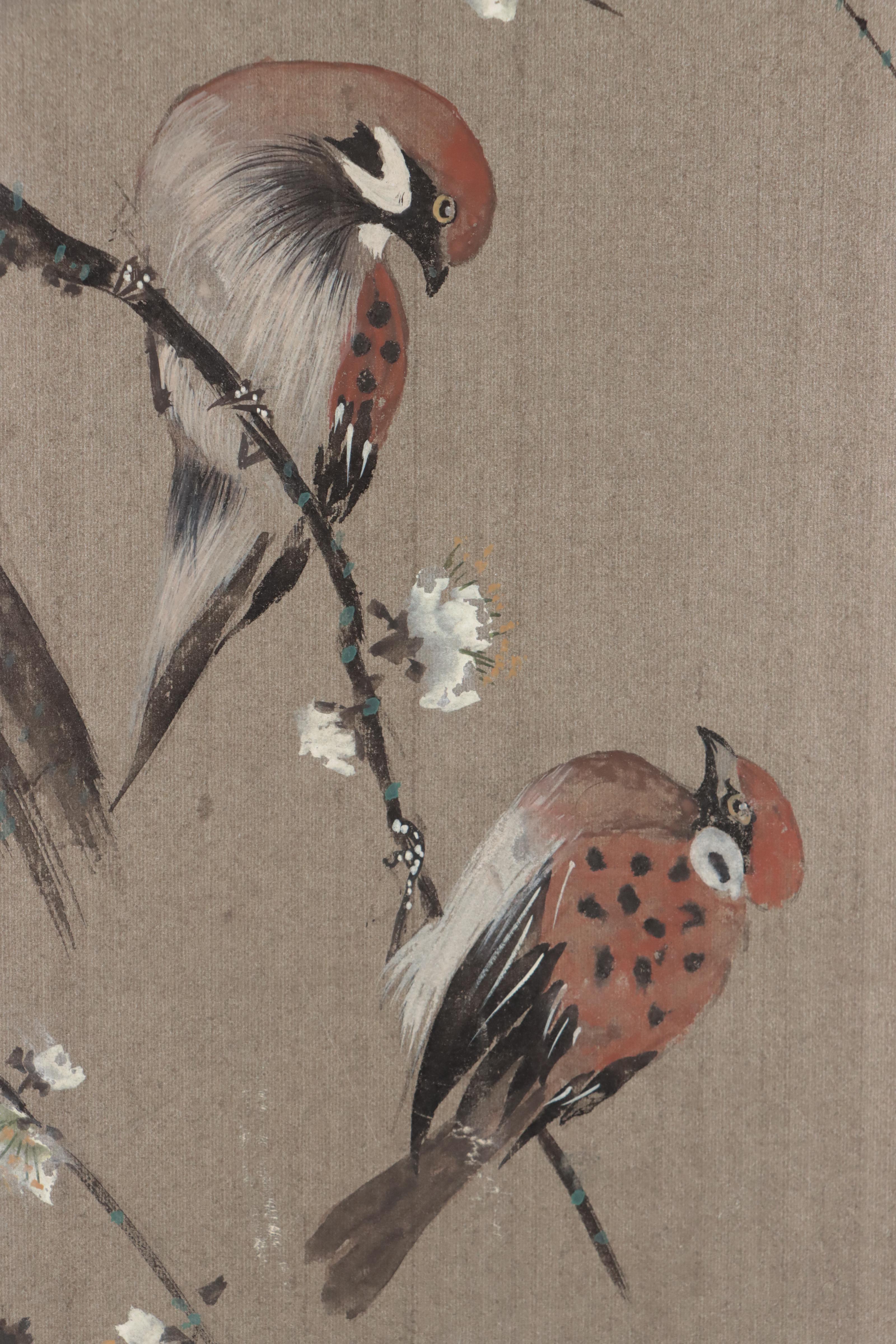 East Asian Gouache and Ink Painting of Birds
