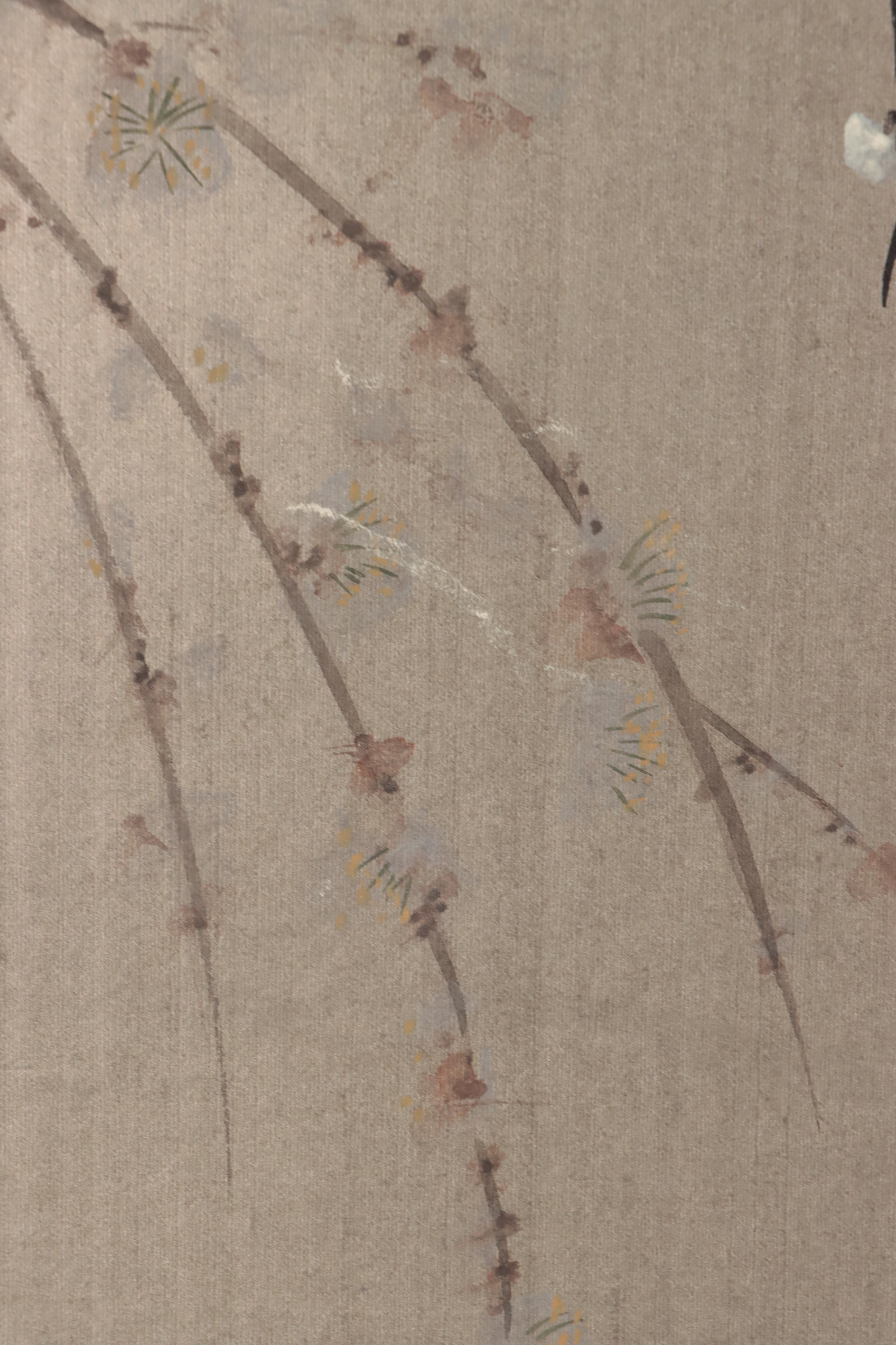 East Asian Gouache and Ink Painting of Birds