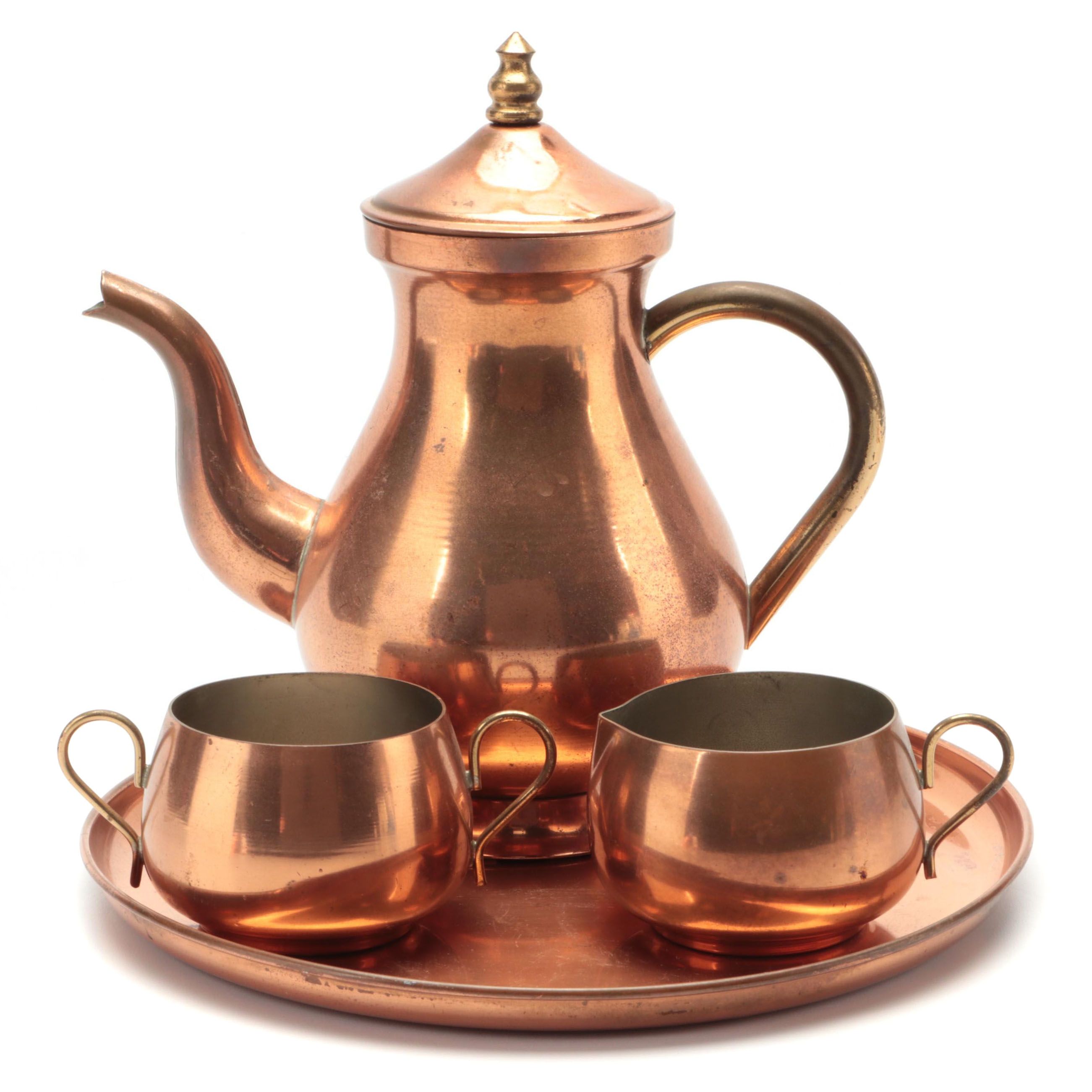 ODI Portuguese Copper Teapot with Sugar, Creamer with Serving Tray