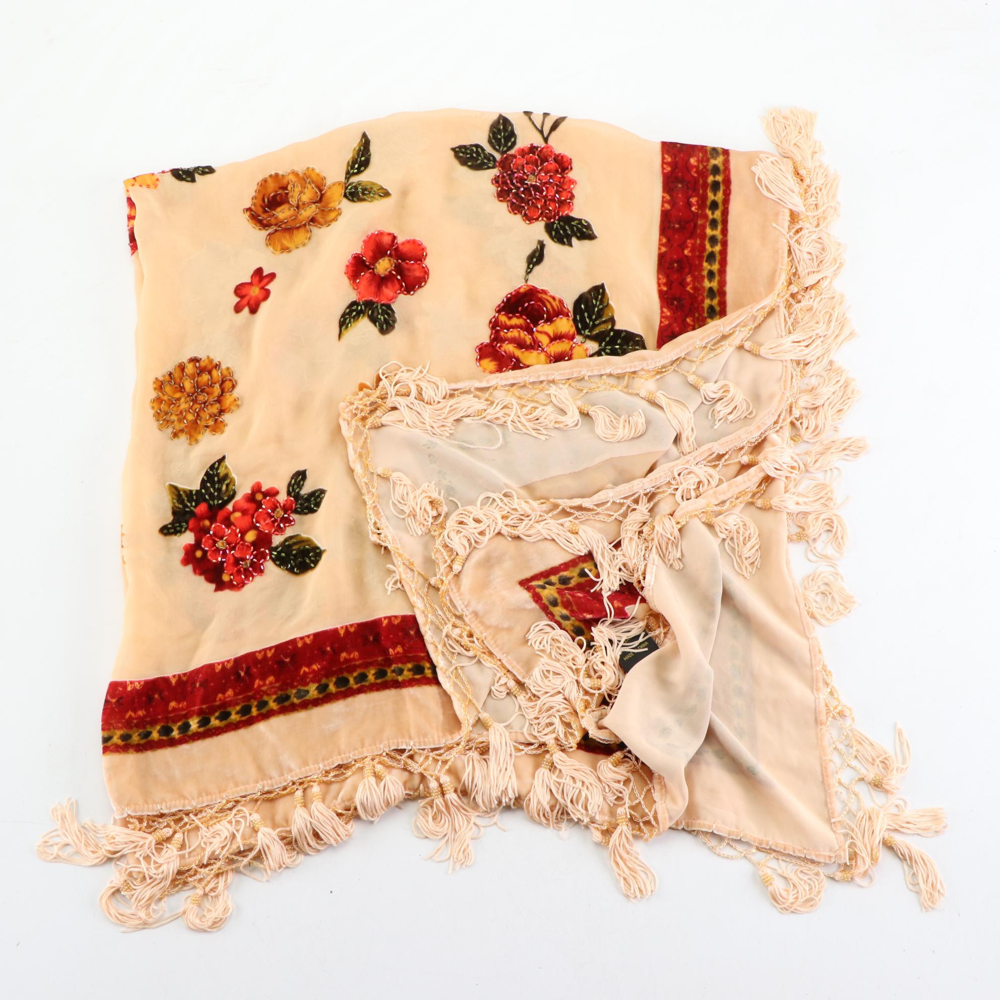 Lucy's Silk Hand-Beaded Fringe Shawl in Silk and Rayon