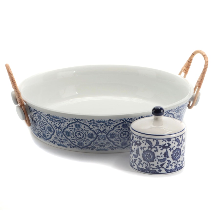 Ballard Designs Chinoiserie Blue and White Porcelain Rattan Handled Tray and Jar