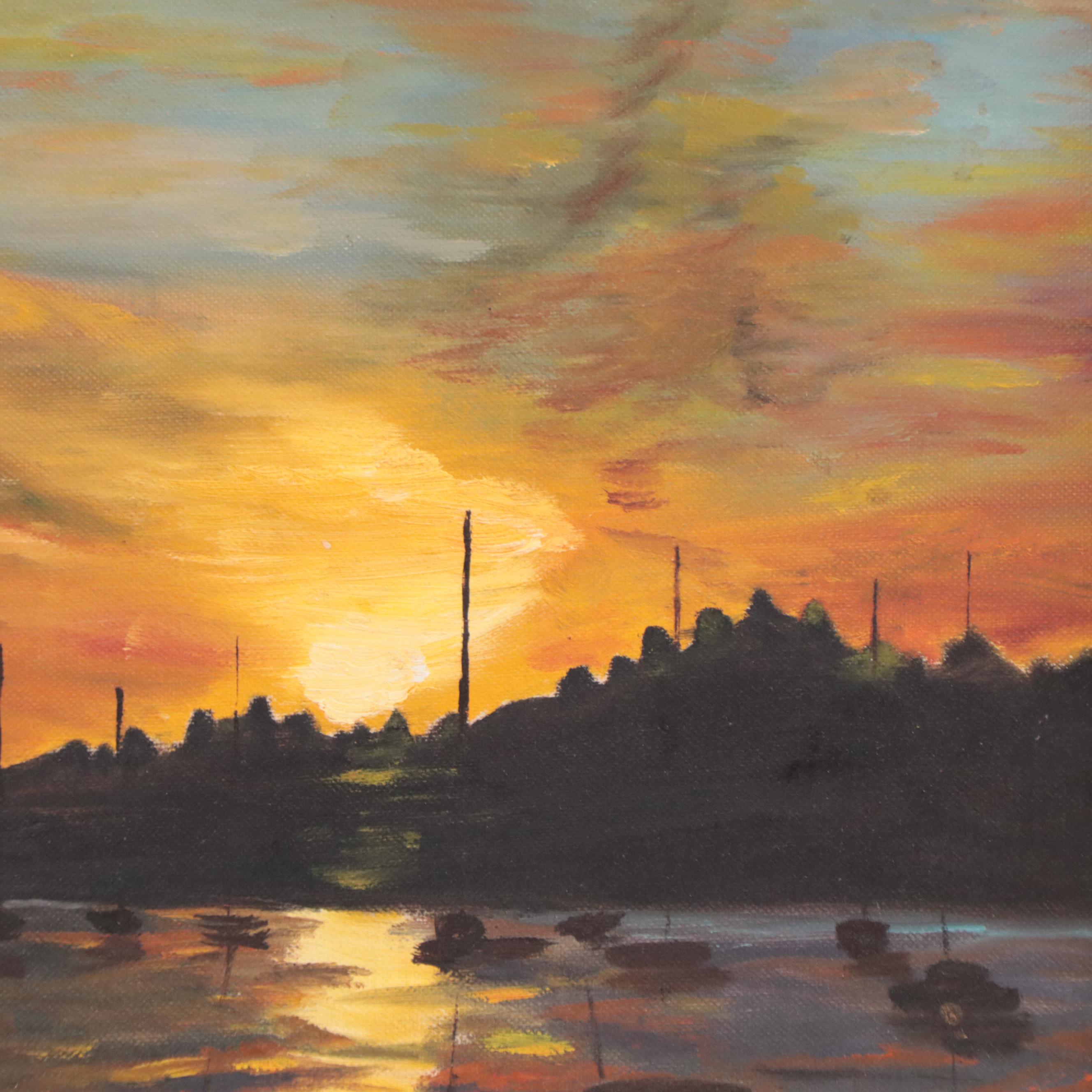 Laurence Vallieres Landscape Oil Painting of Sailboats on Lake