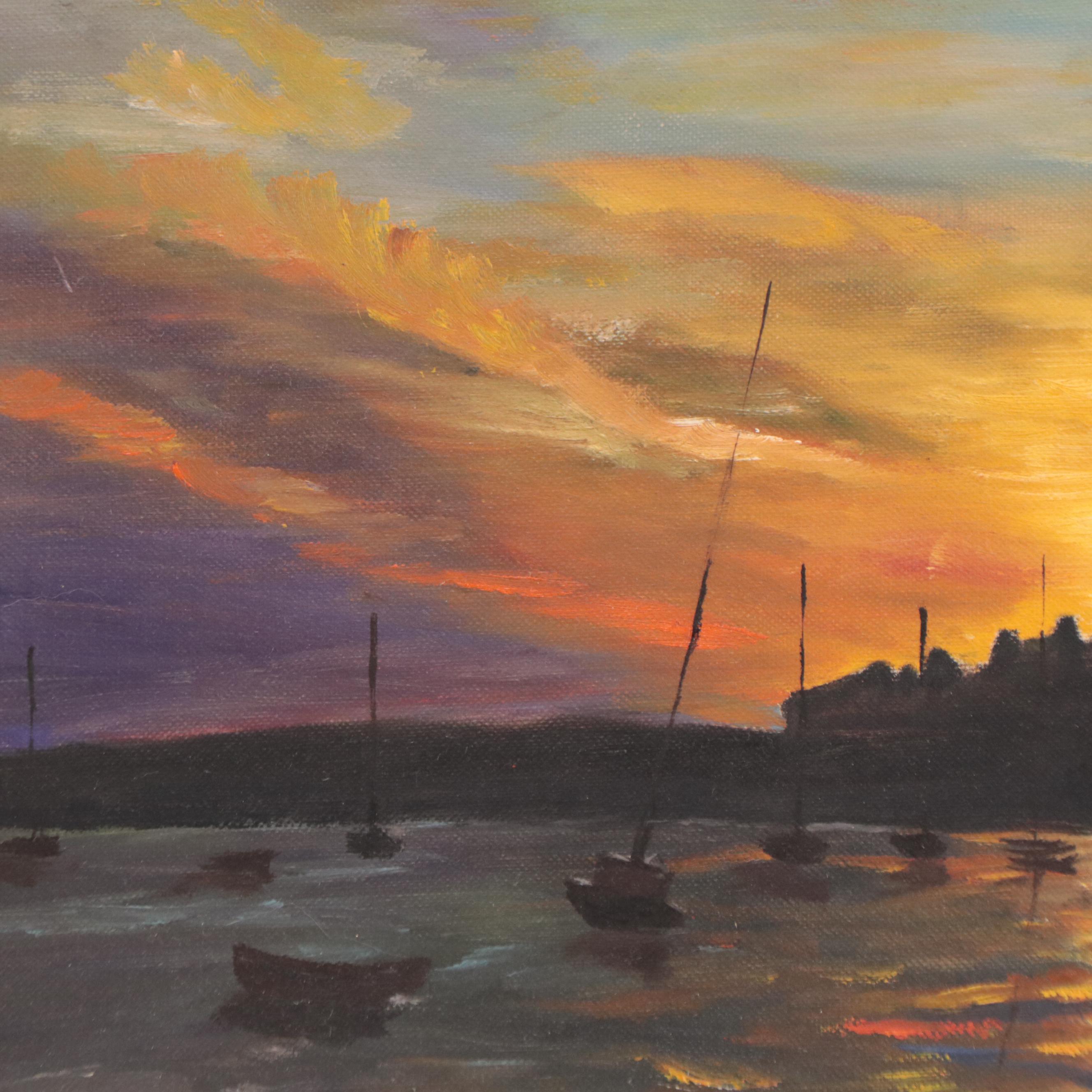 Laurence Vallieres Landscape Oil Painting of Sailboats on Lake