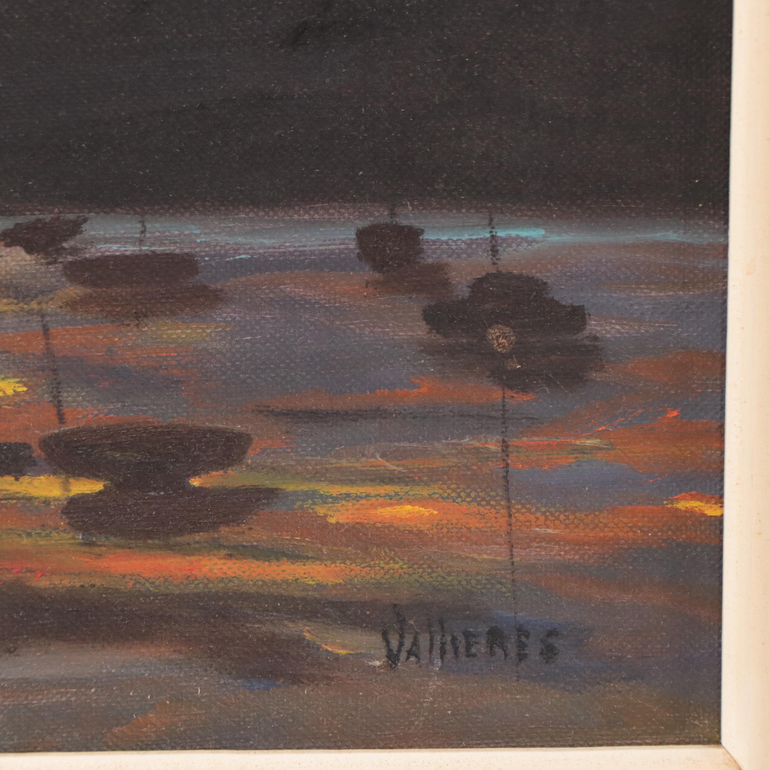 Laurence Vallieres Landscape Oil Painting of Sailboats on Lake