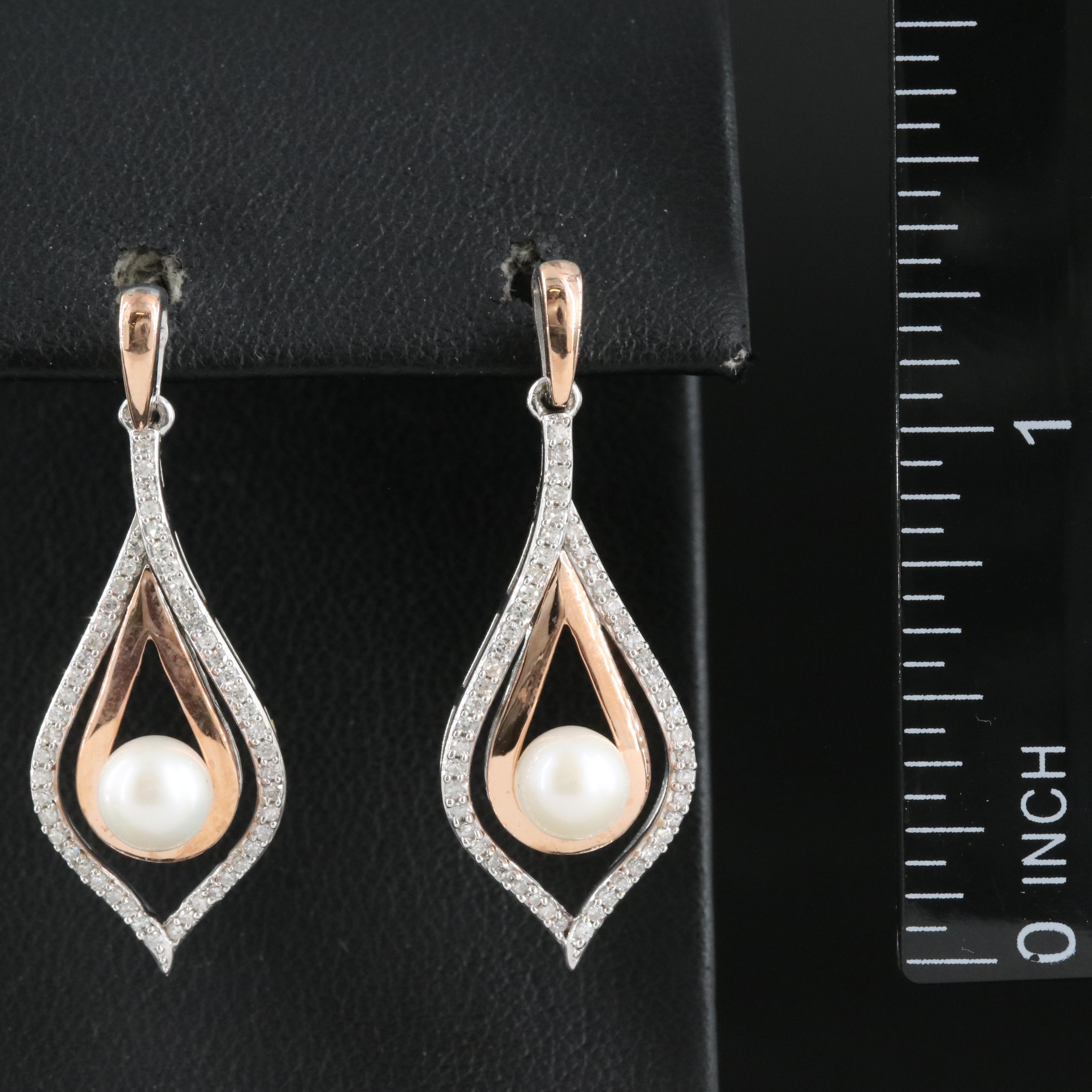Sterling Pearl and Diamond Earrings with 14K Accents