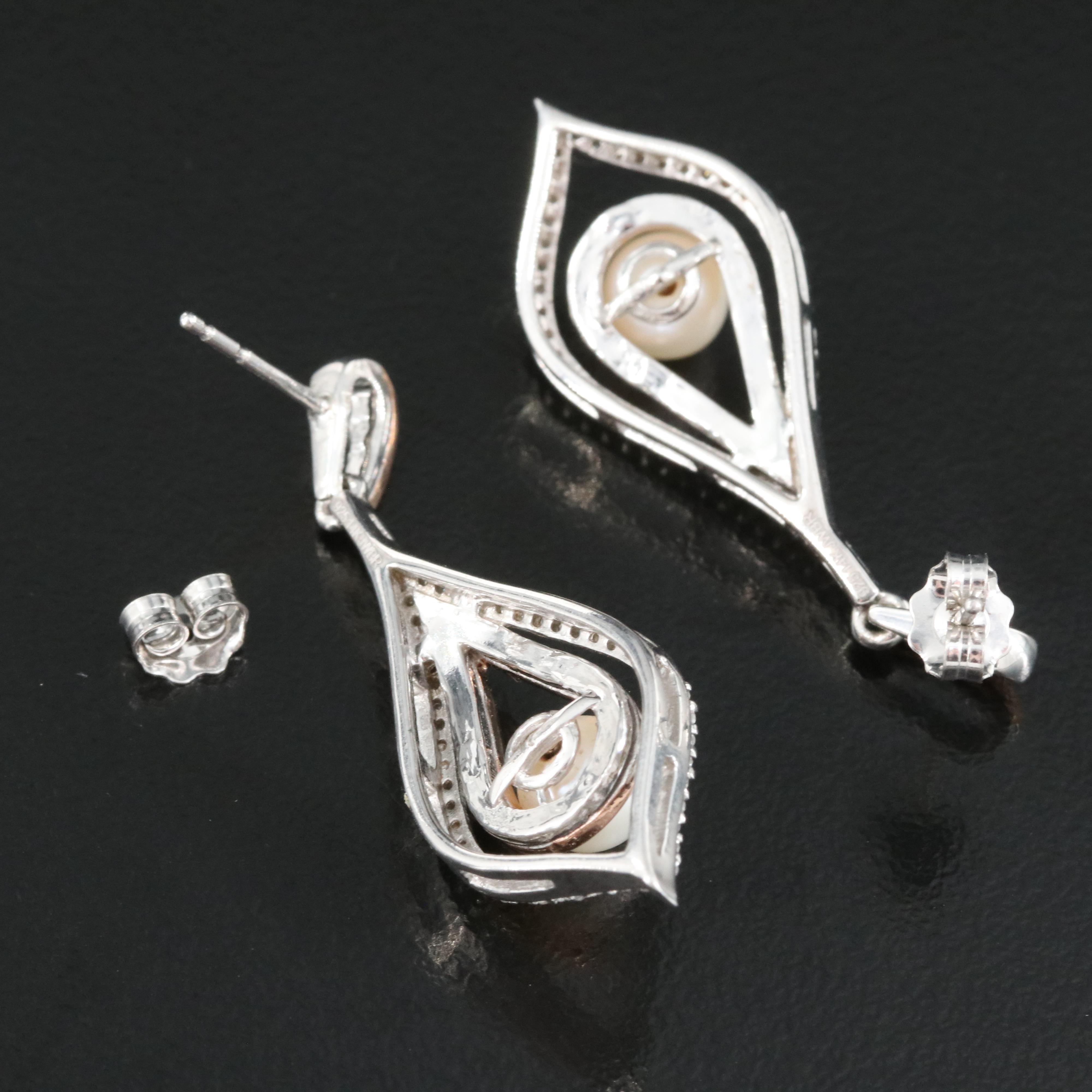 Sterling Pearl and Diamond Earrings with 14K Accents