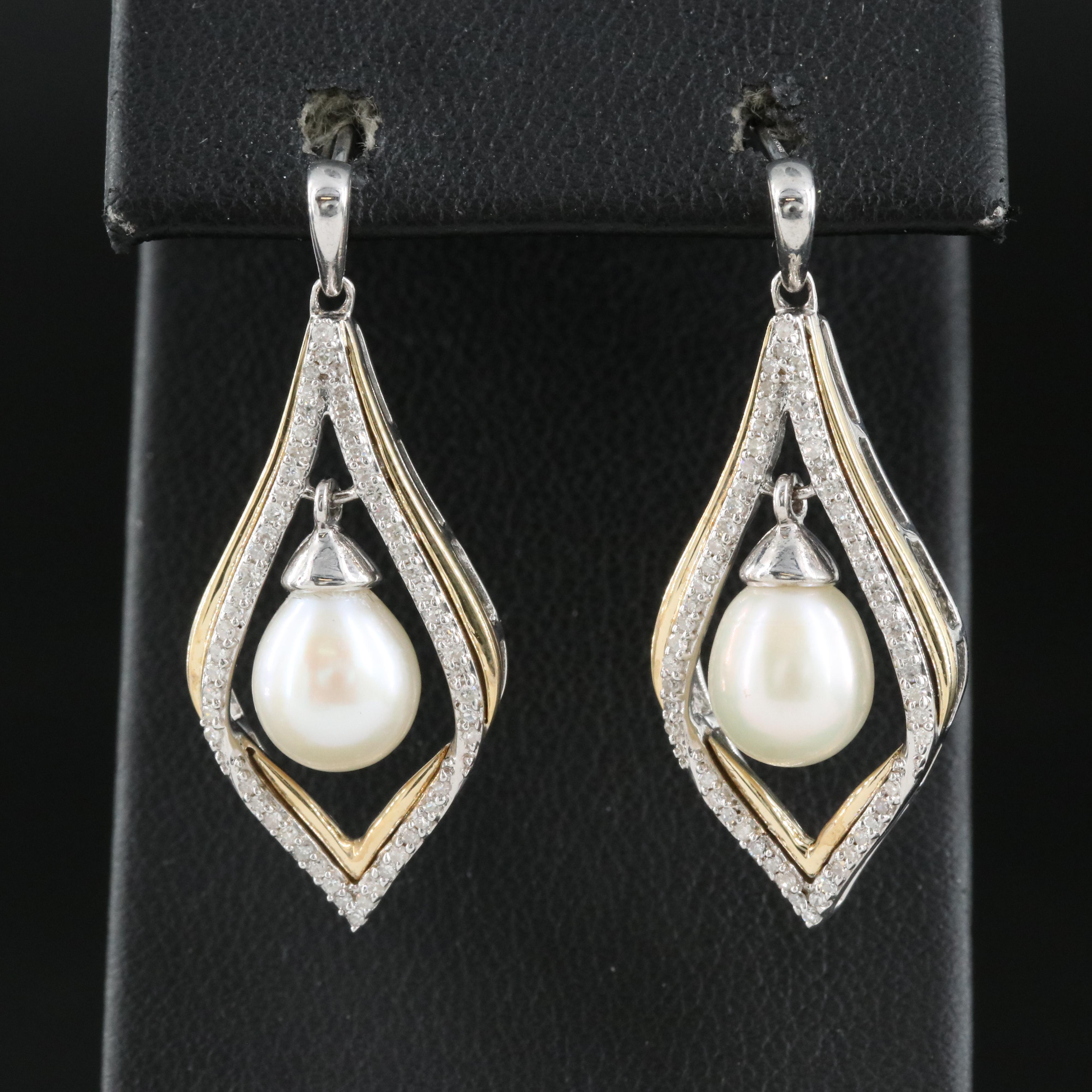Sterling Pearl and Diamond Earrings with 14K Accents