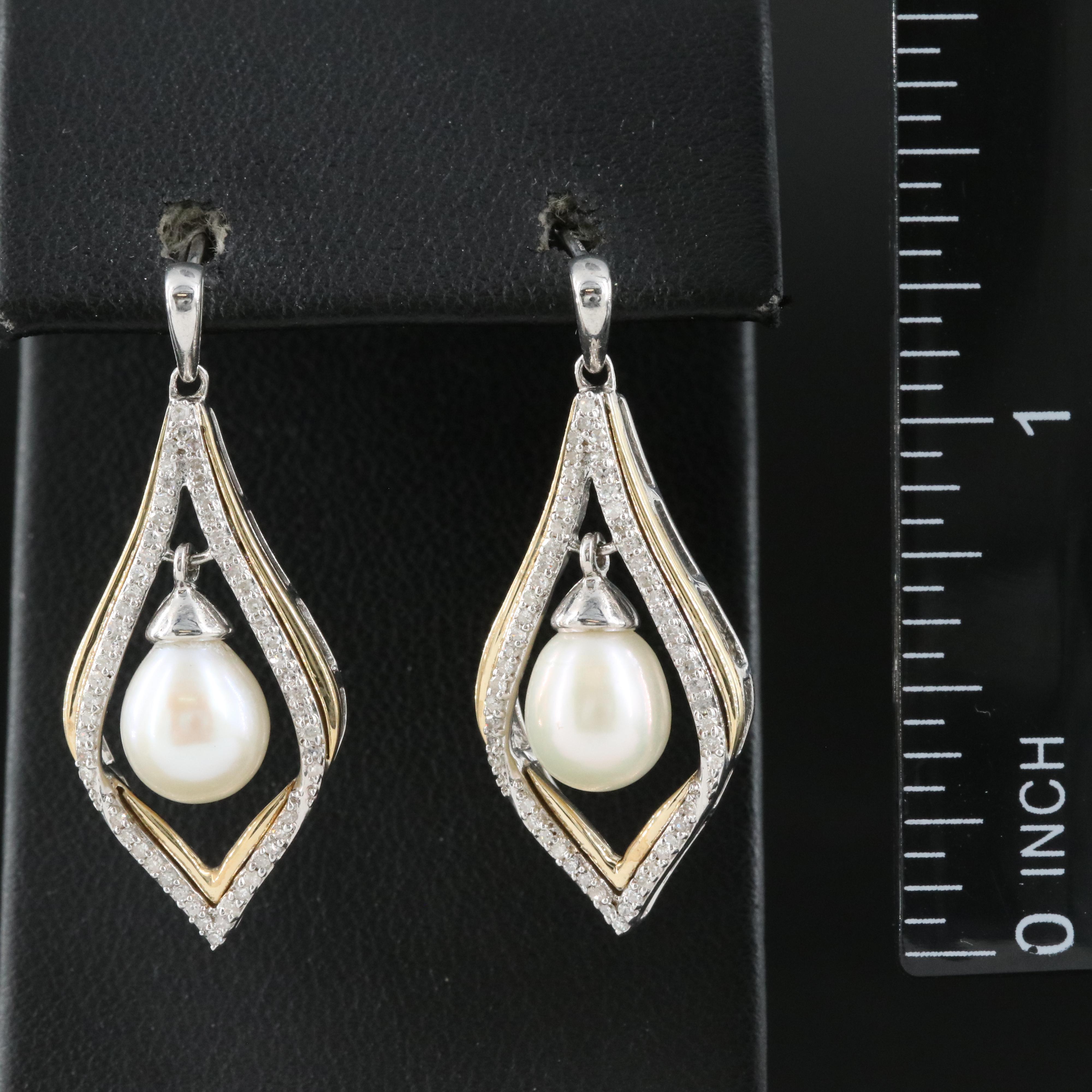 Sterling Pearl and Diamond Earrings with 14K Accents