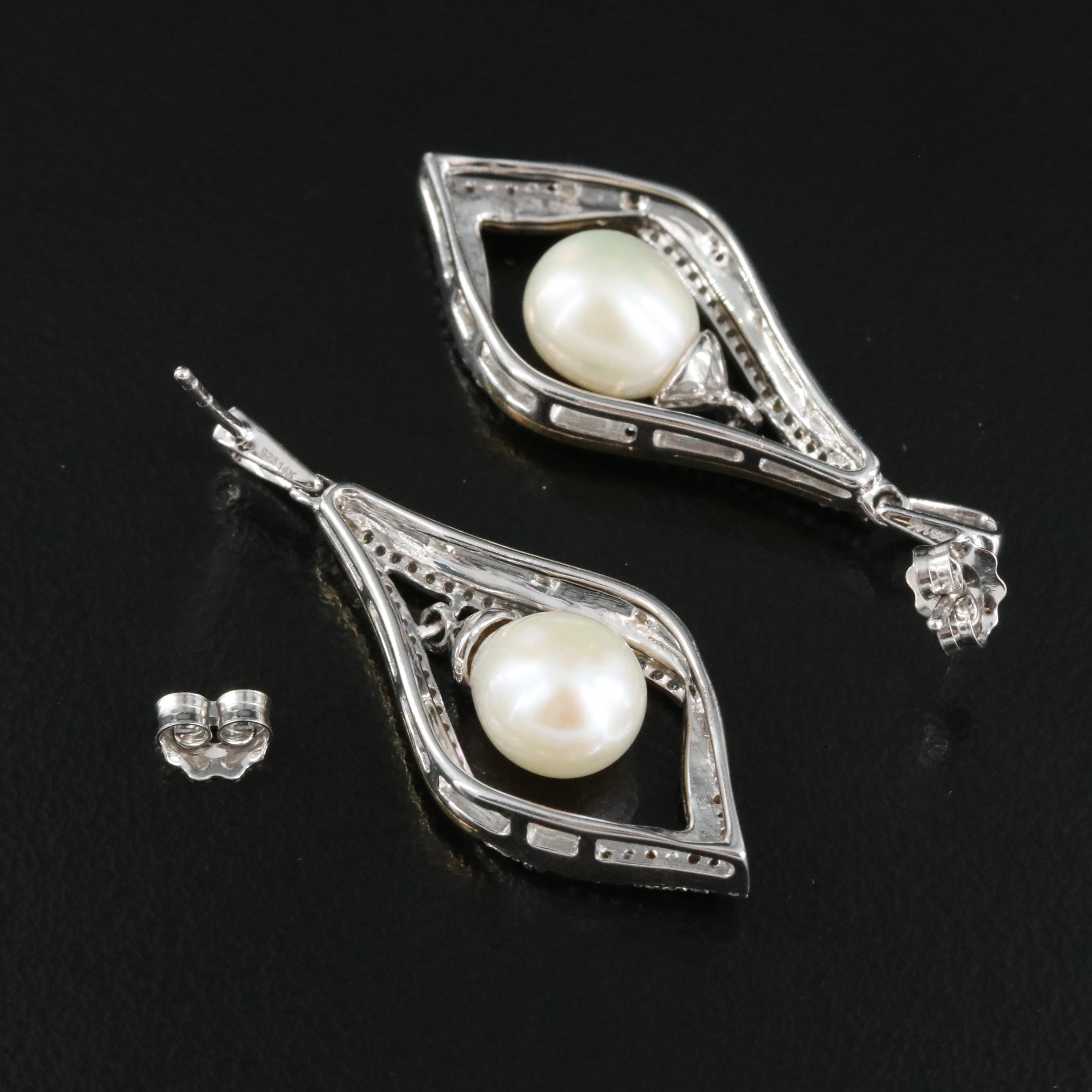 Sterling Pearl and Diamond Earrings with 14K Accents