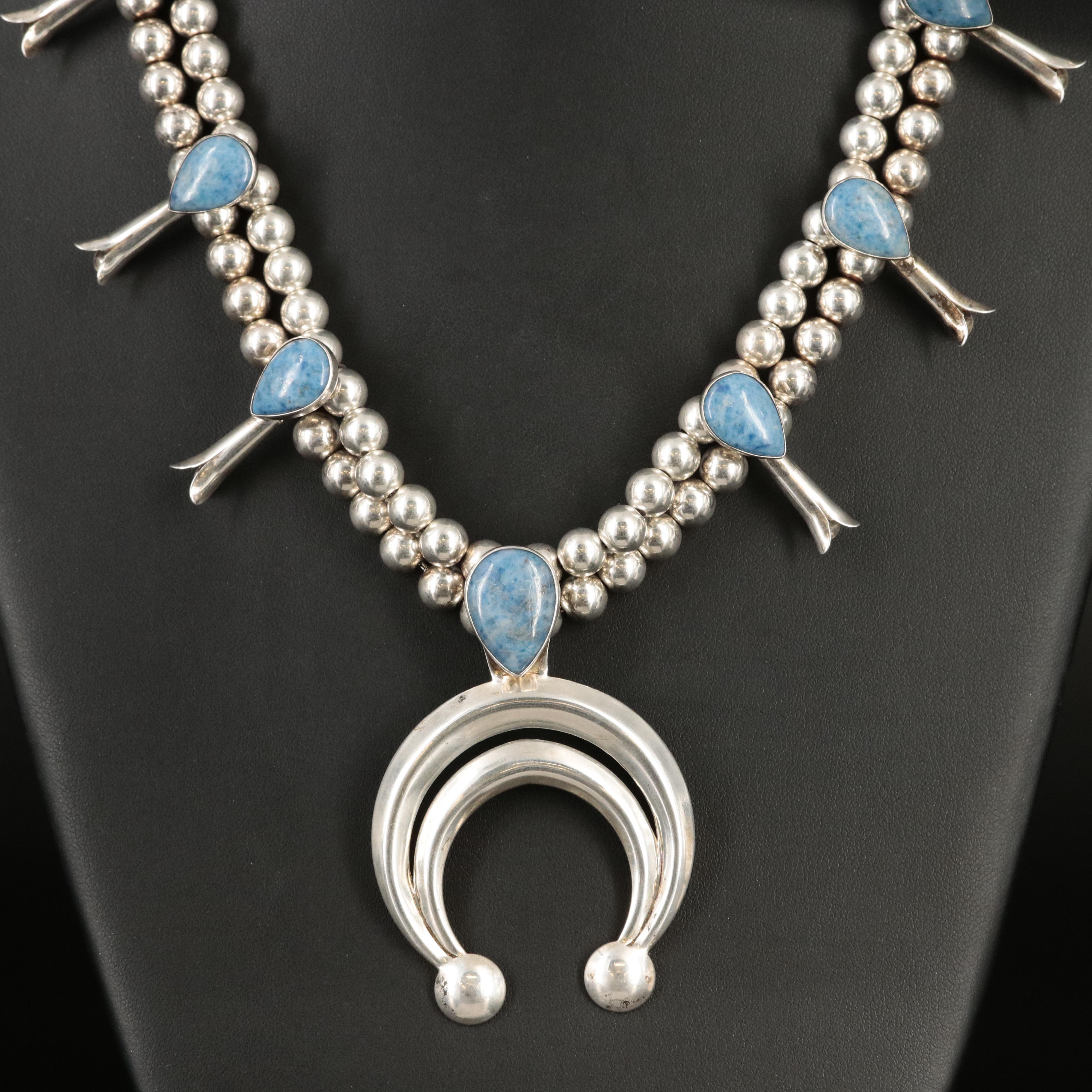 Southwestern Sterling Lapis Lazuli Squash Blossom Necklace