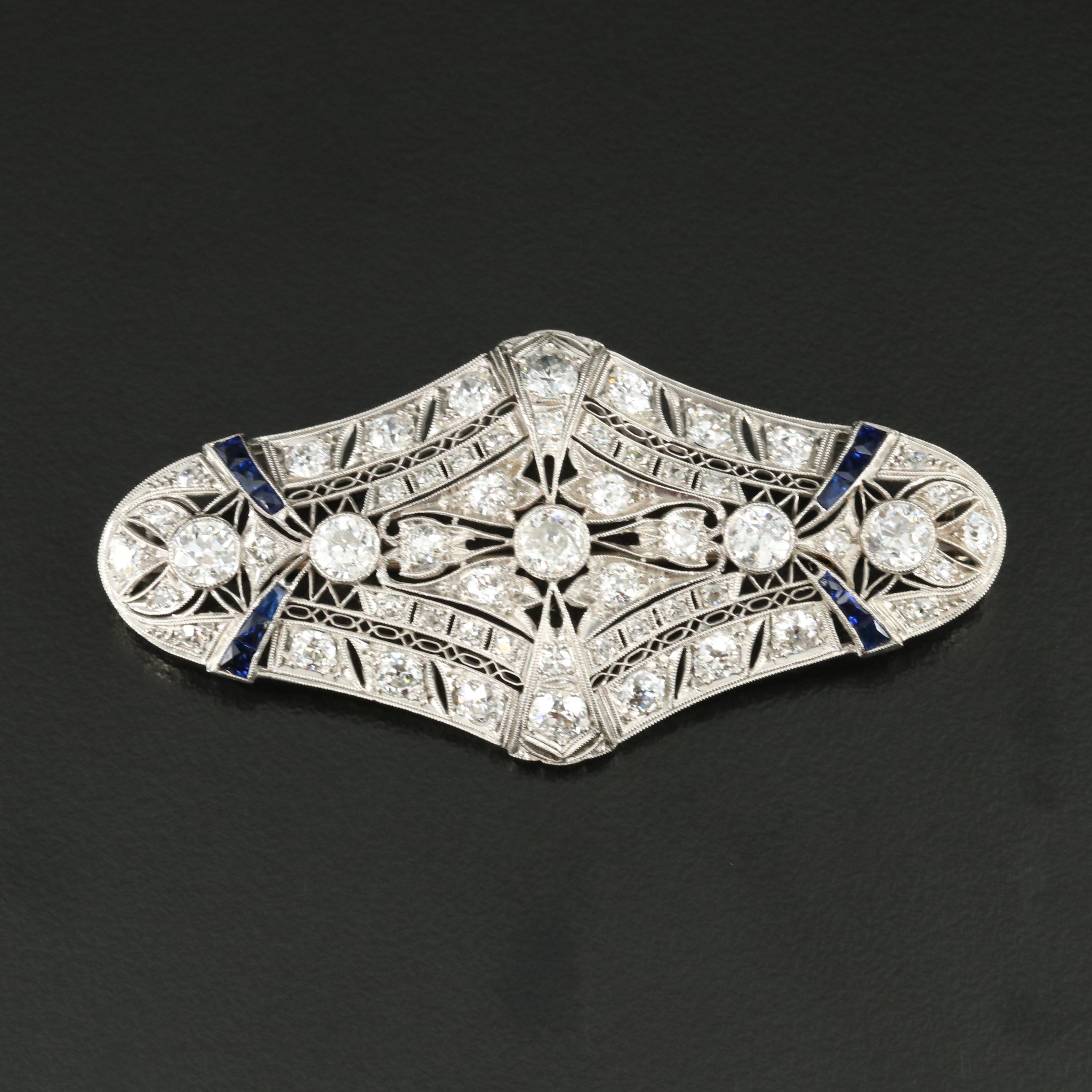 Art Deco Platinum 5.92 CTW Diamond and Sapphire Brooch