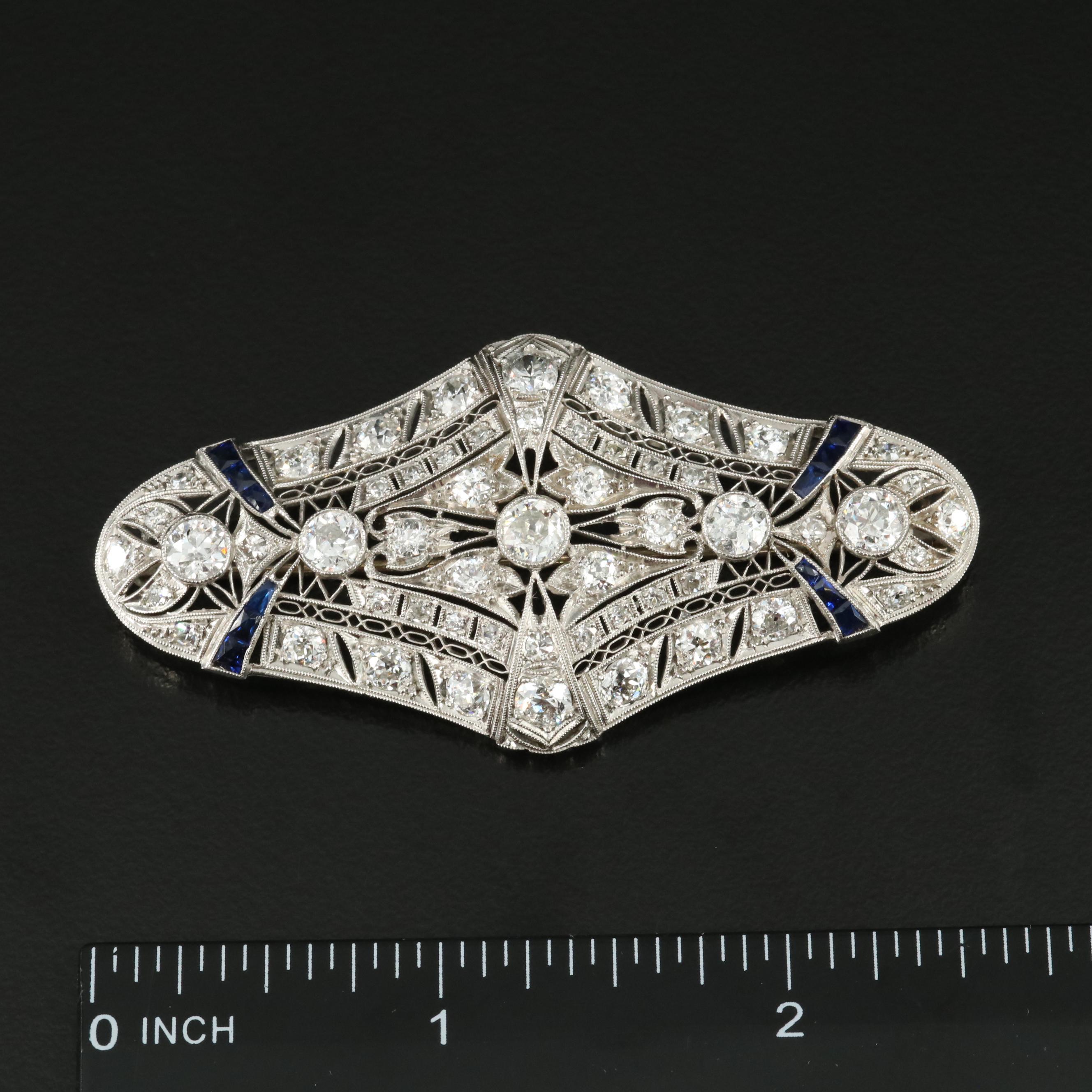 Art Deco Platinum 5.92 CTW Diamond and Sapphire Brooch