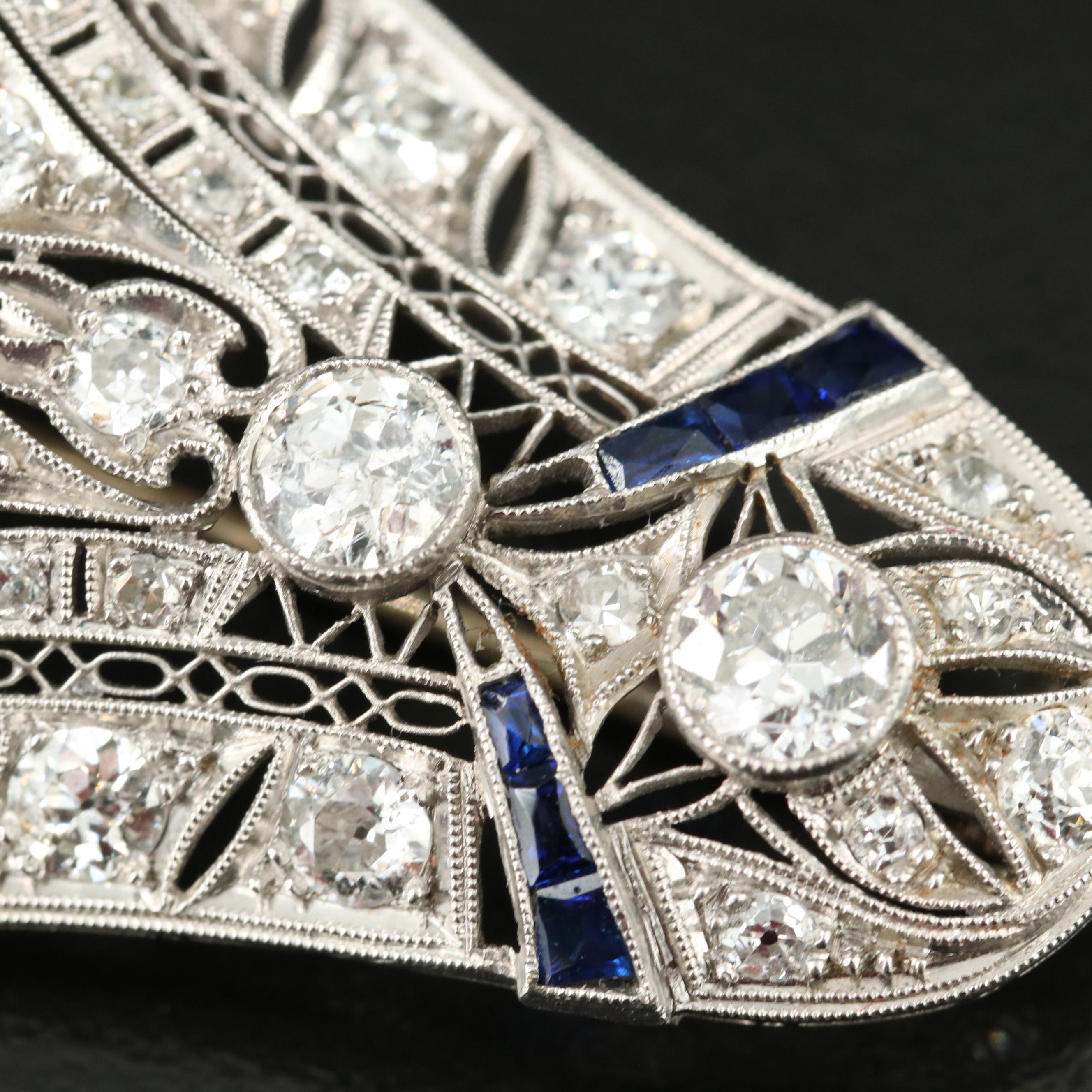 Art Deco Platinum 5.92 CTW Diamond and Sapphire Brooch