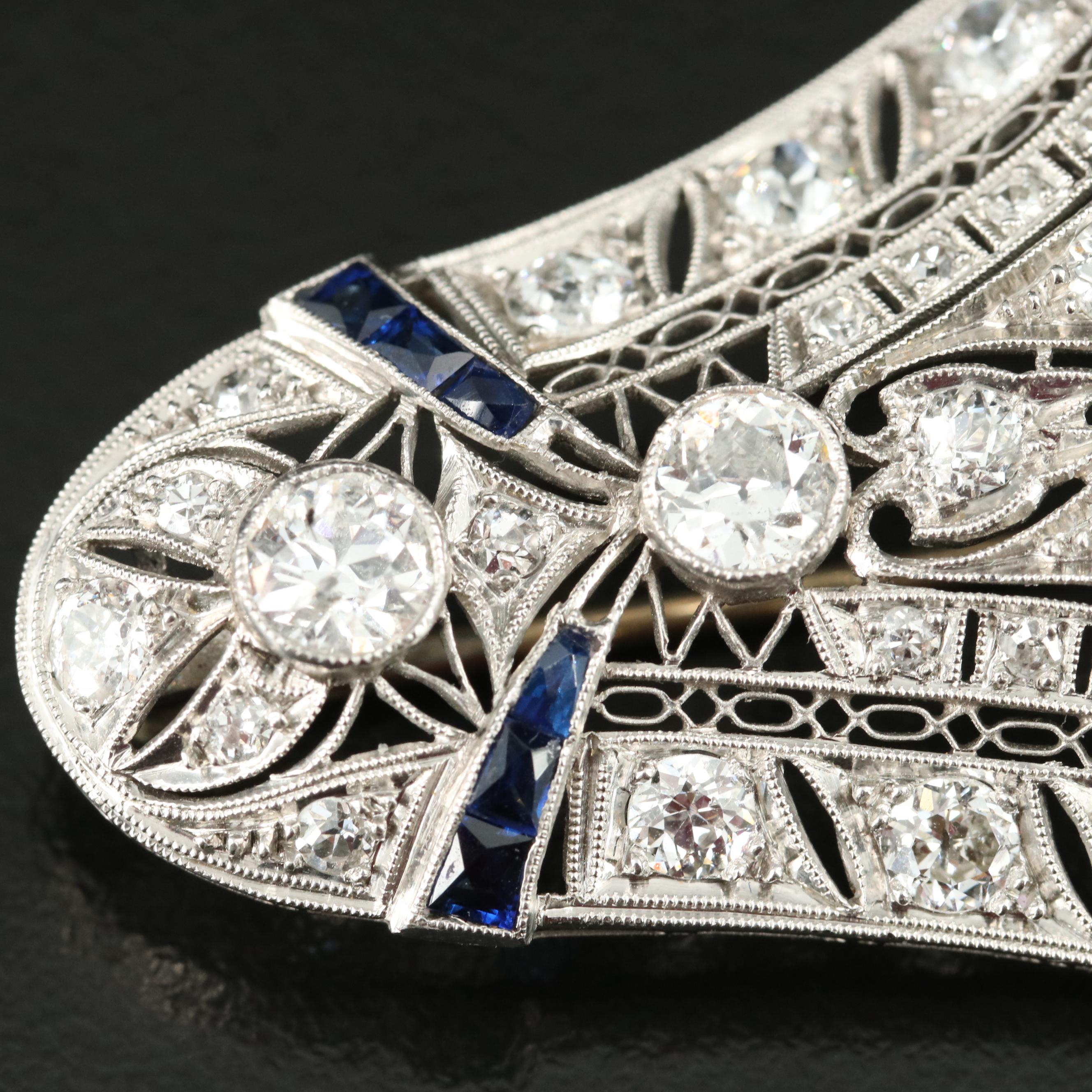 Art Deco Platinum 5.92 CTW Diamond and Sapphire Brooch