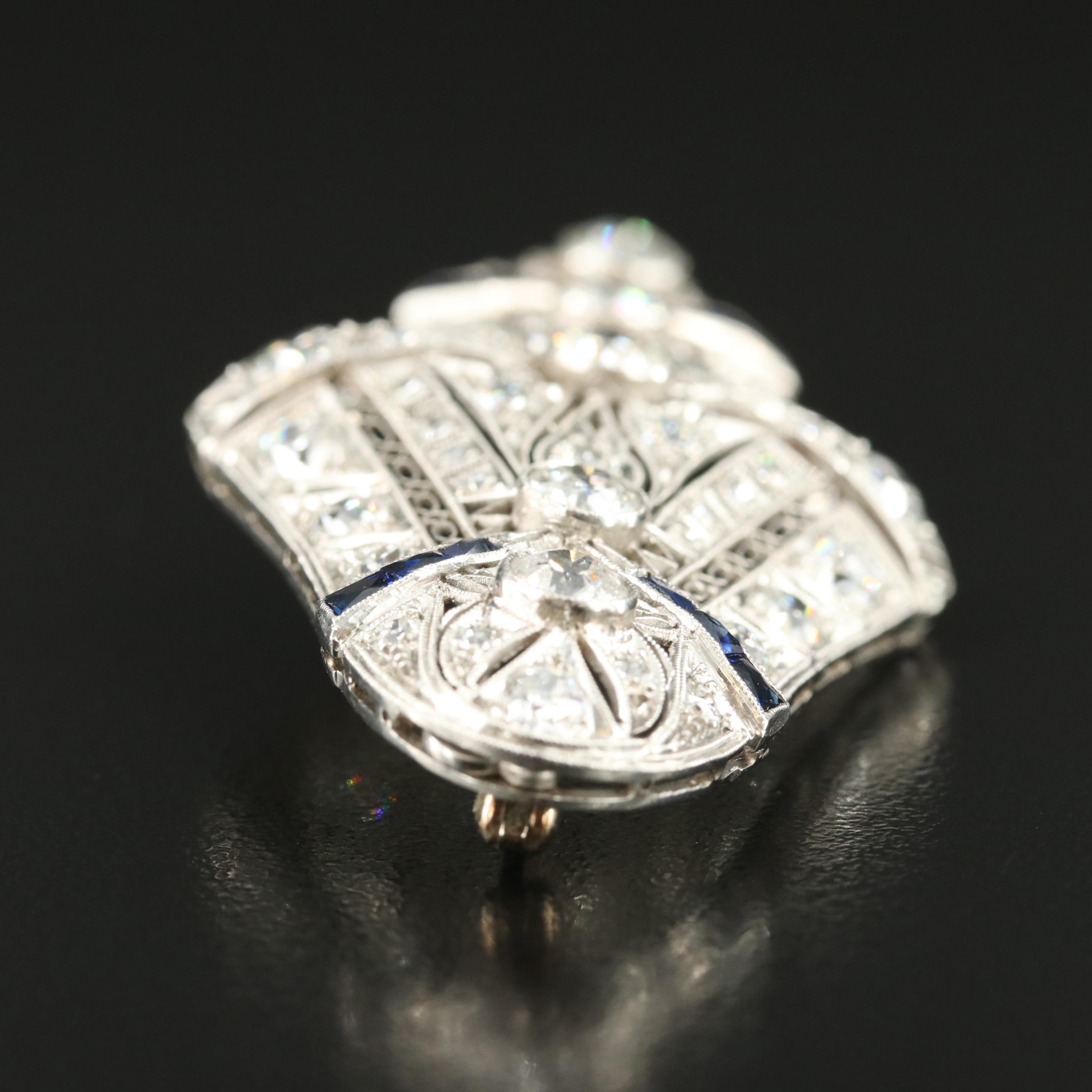Art Deco Platinum 5.92 CTW Diamond and Sapphire Brooch