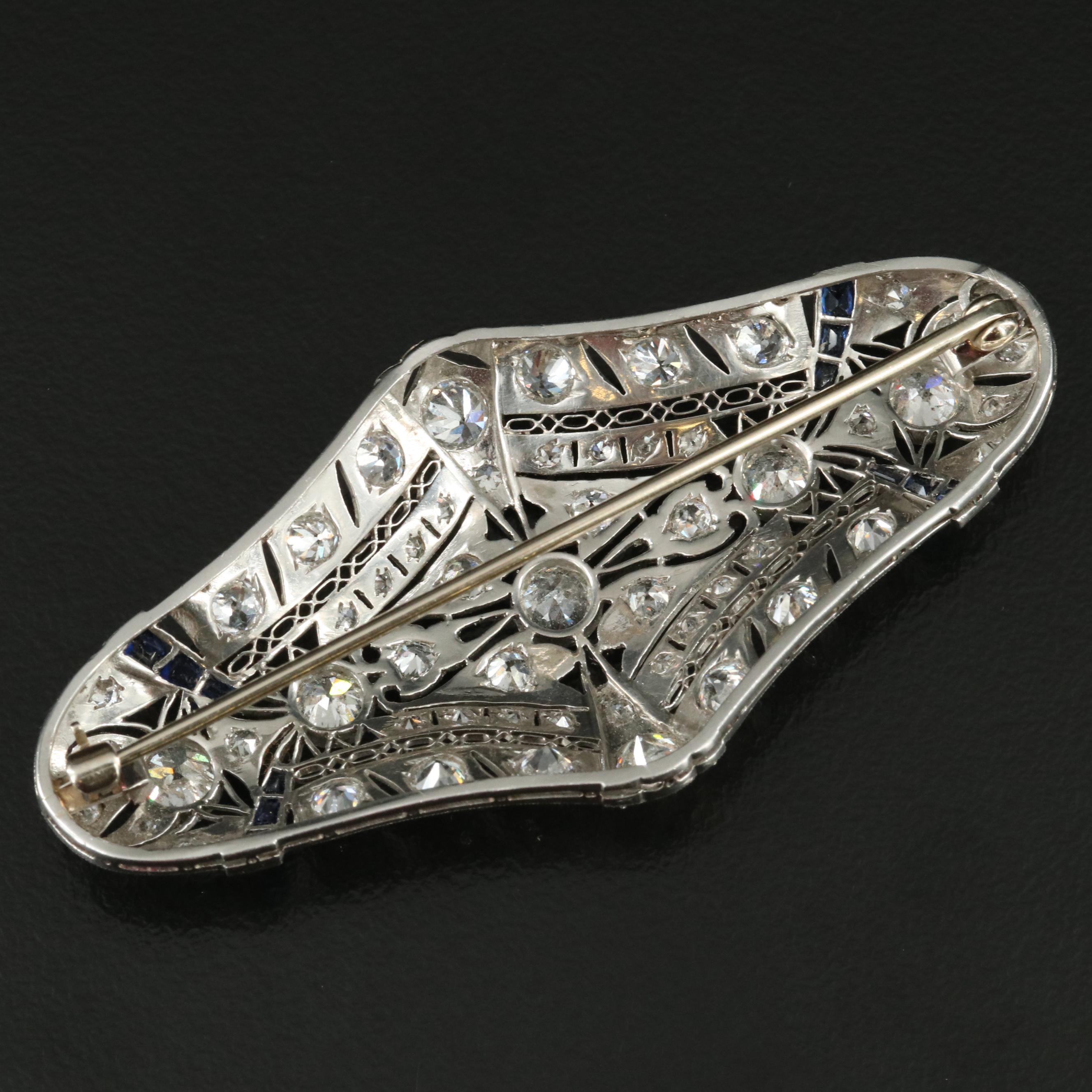Art Deco Platinum 5.92 CTW Diamond and Sapphire Brooch