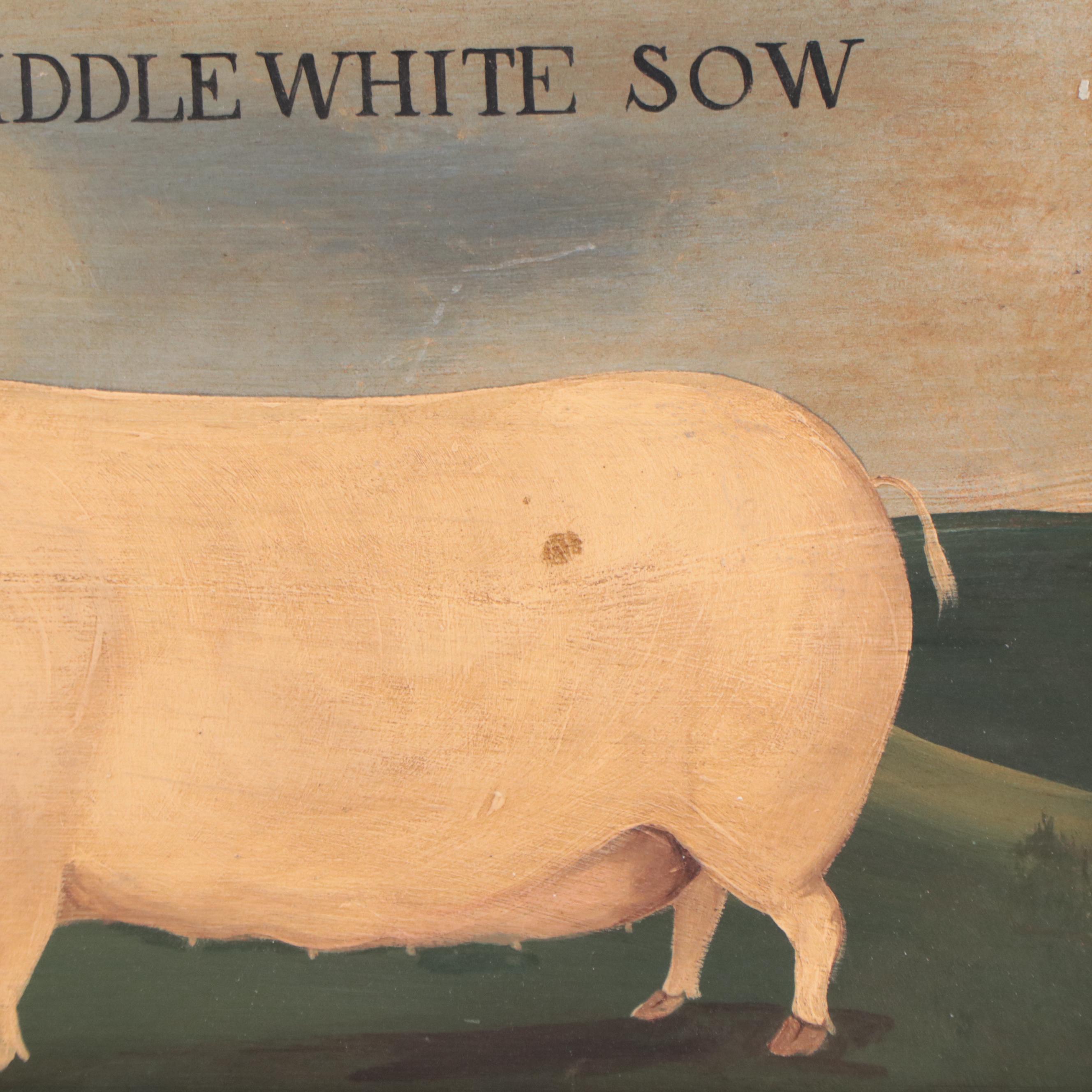 Oil Painting of Pig Portrait "A Prize Middle White Sow"