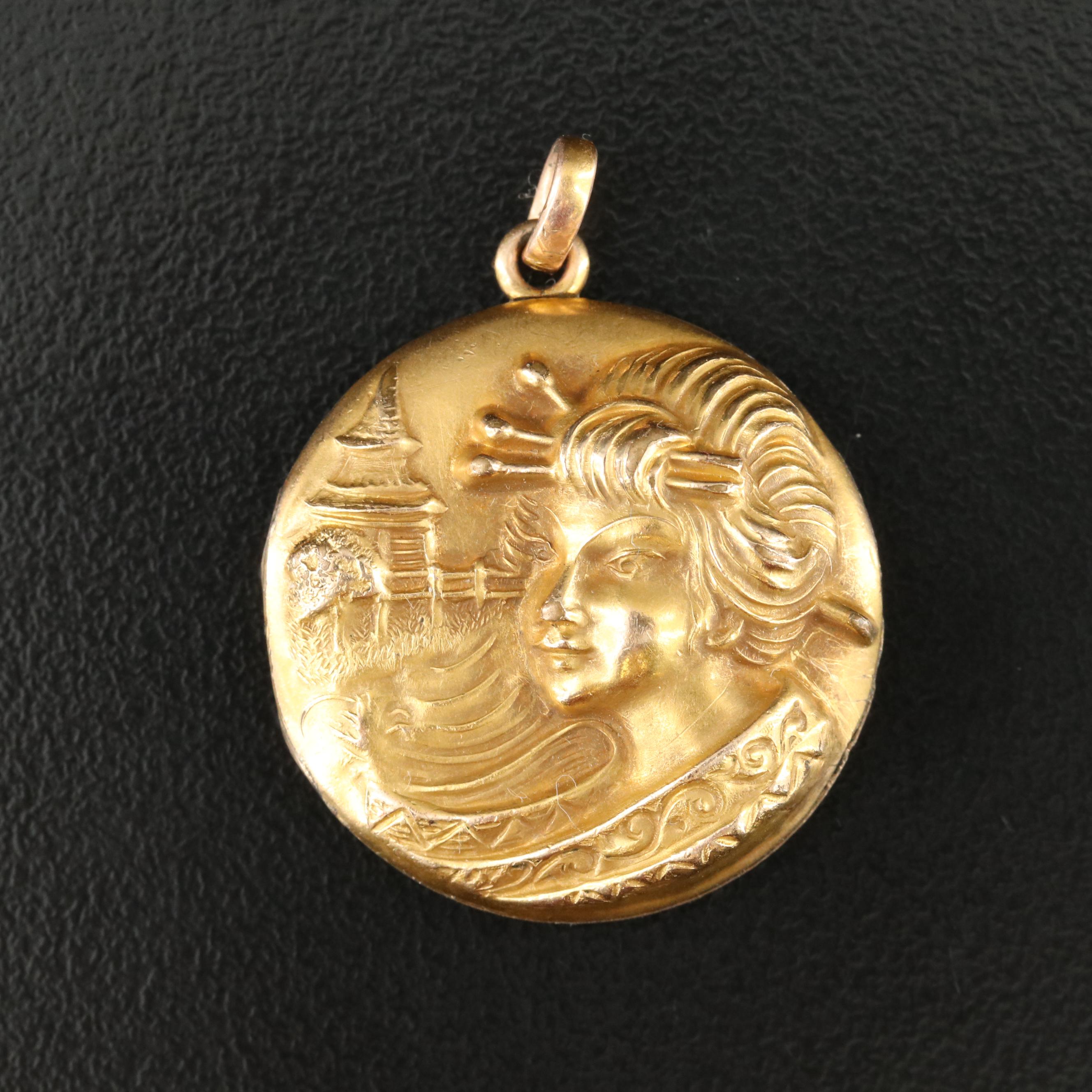 Art Nouveau Repoussé Japanese Lady Locket Pendant