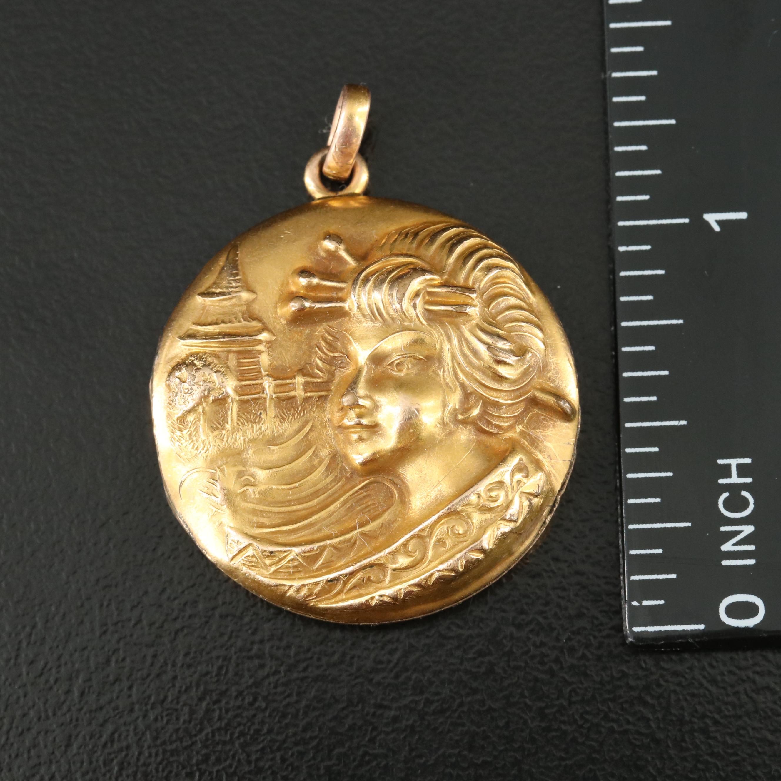 Art Nouveau Repoussé Japanese Lady Locket Pendant