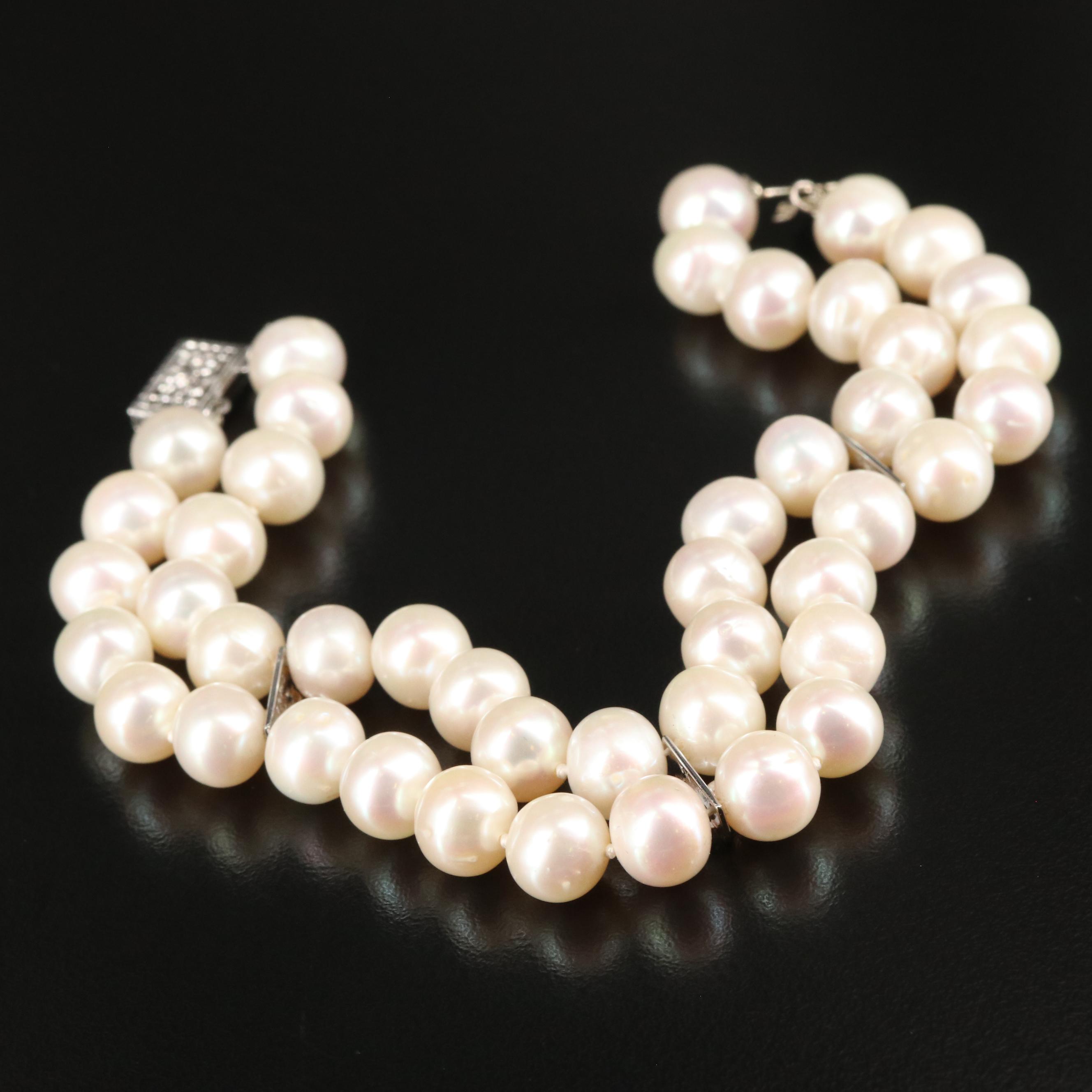 Sterling Double Strand Pearl and White Topaz Bracelet
