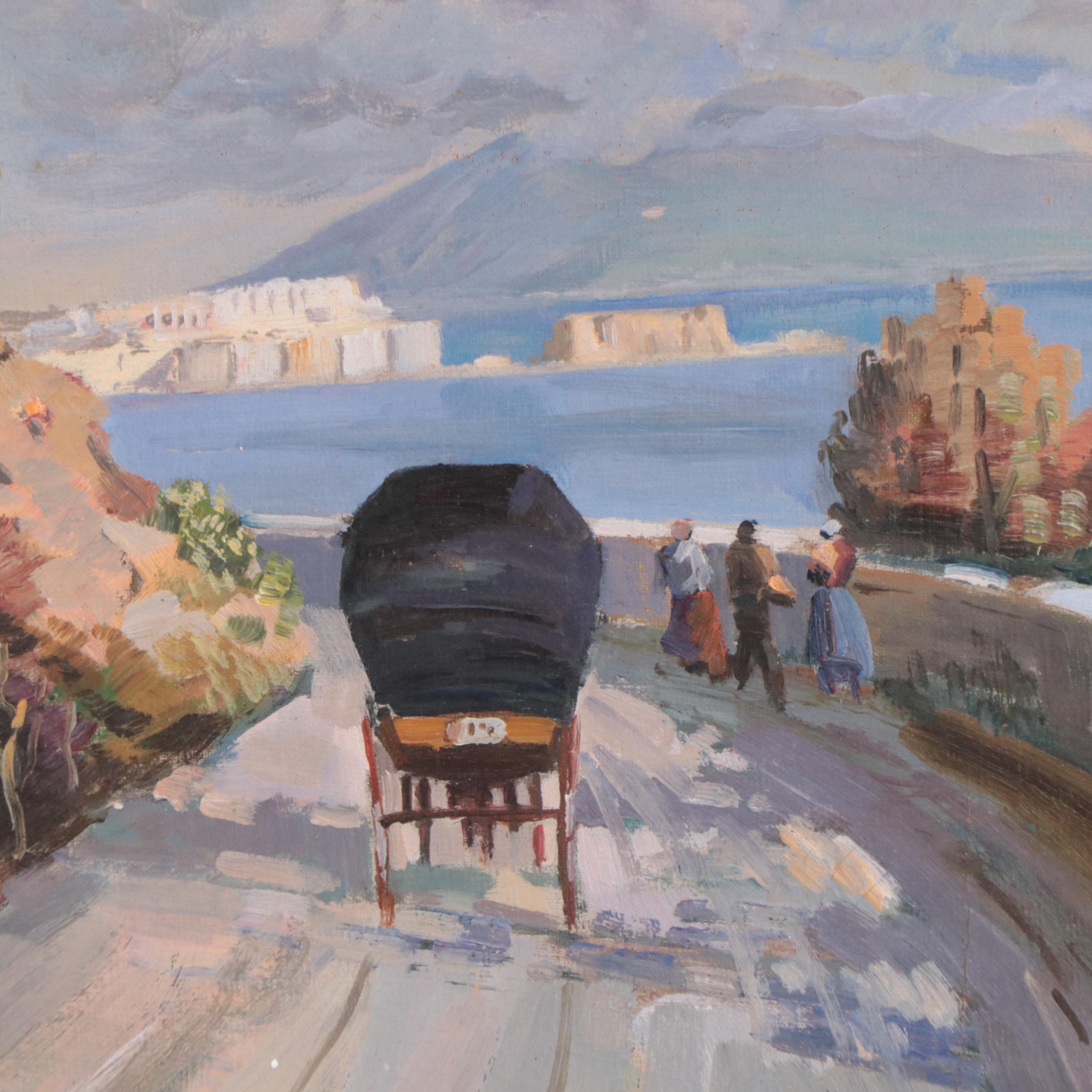 Oil Painting of Figures Walking in Coastal Scene