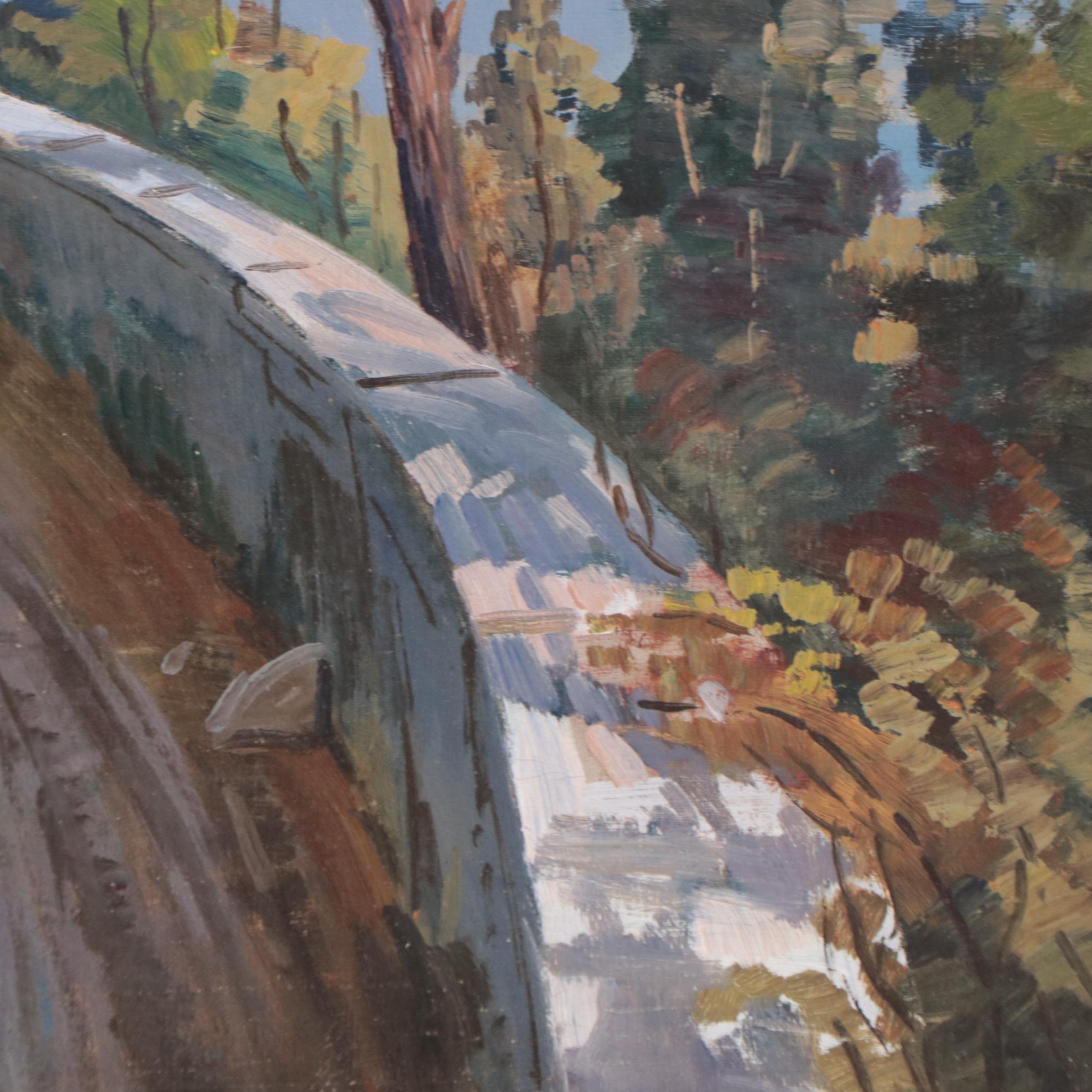 Oil Painting of Figures Walking in Coastal Scene