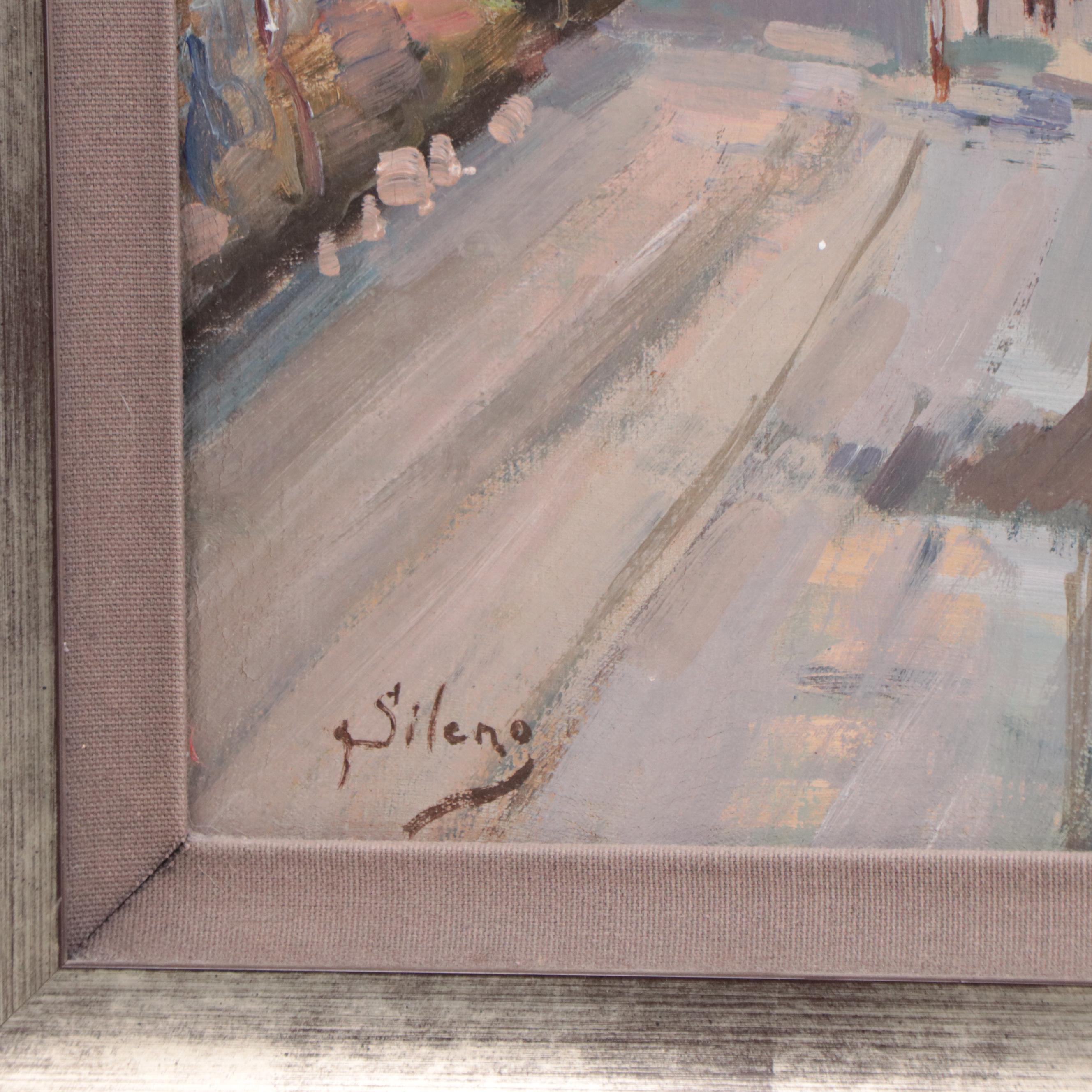 Oil Painting of Figures Walking in Coastal Scene