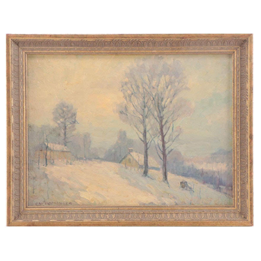 C. W. Boeringer Winter Landscape Oil Painting "Snow Scene Erlanger," 1941