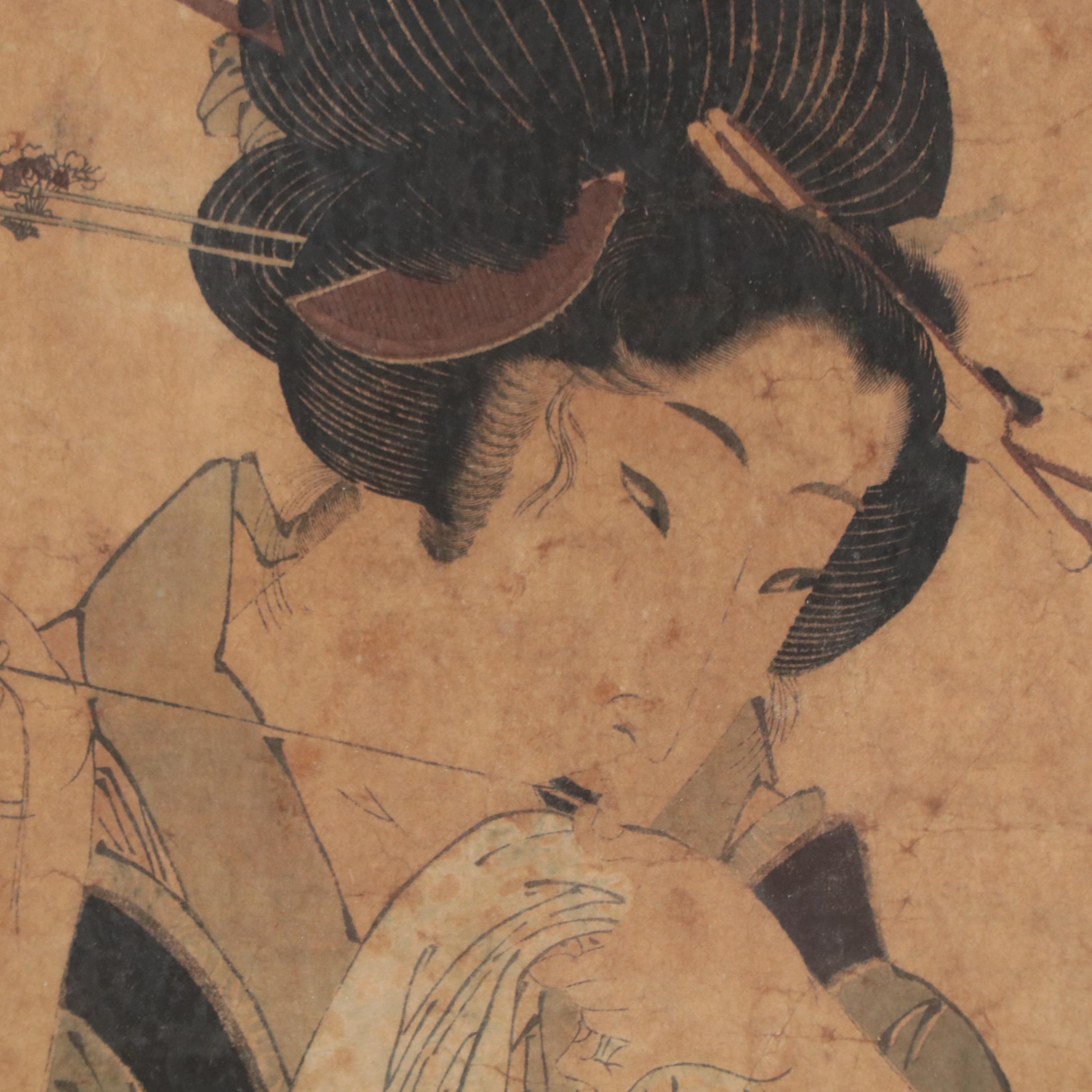Keisai Eisen Woodblock Print of Woman Sewing
