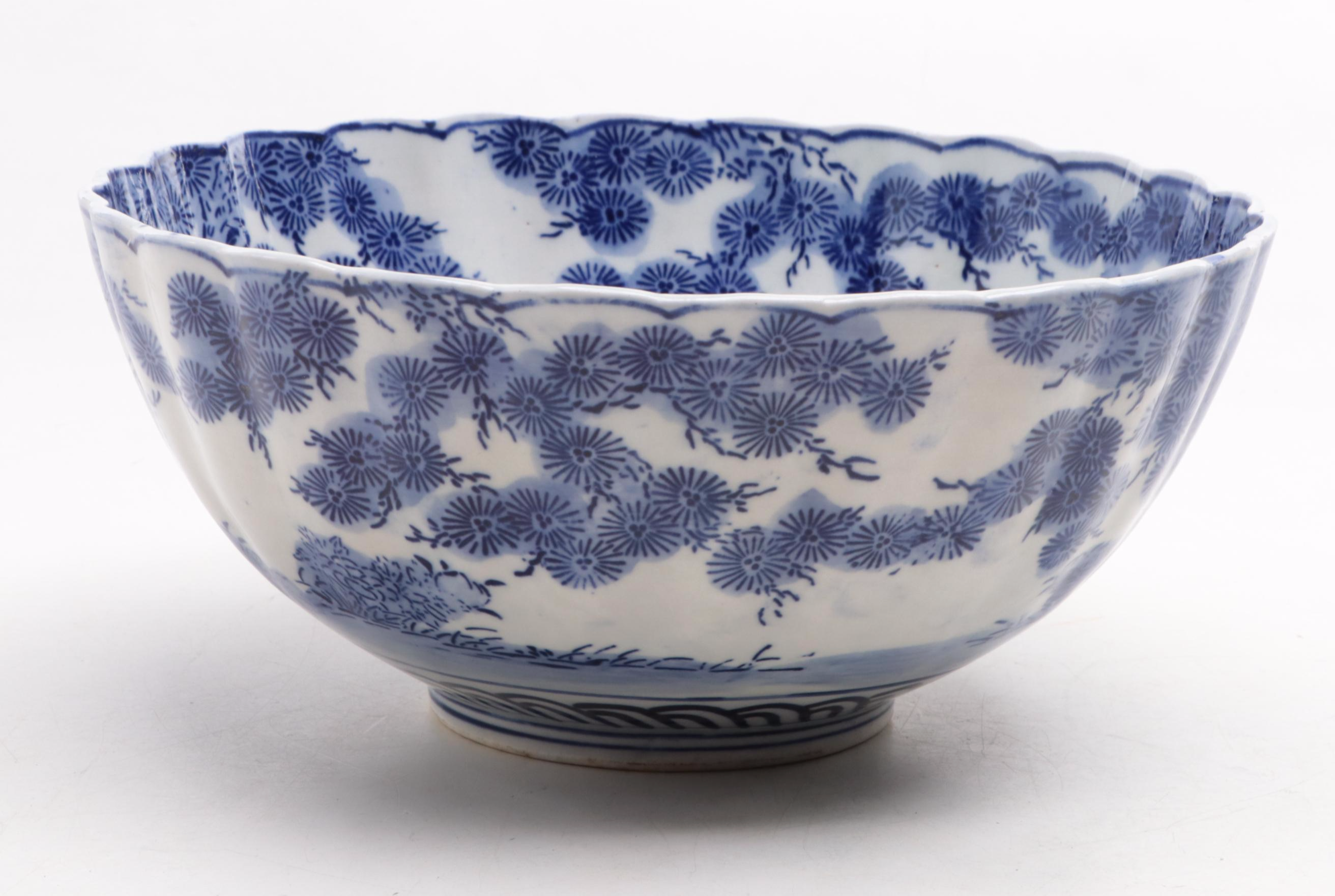 Japanese Blue and White Arita Imari Porcelain Bowl with Stand