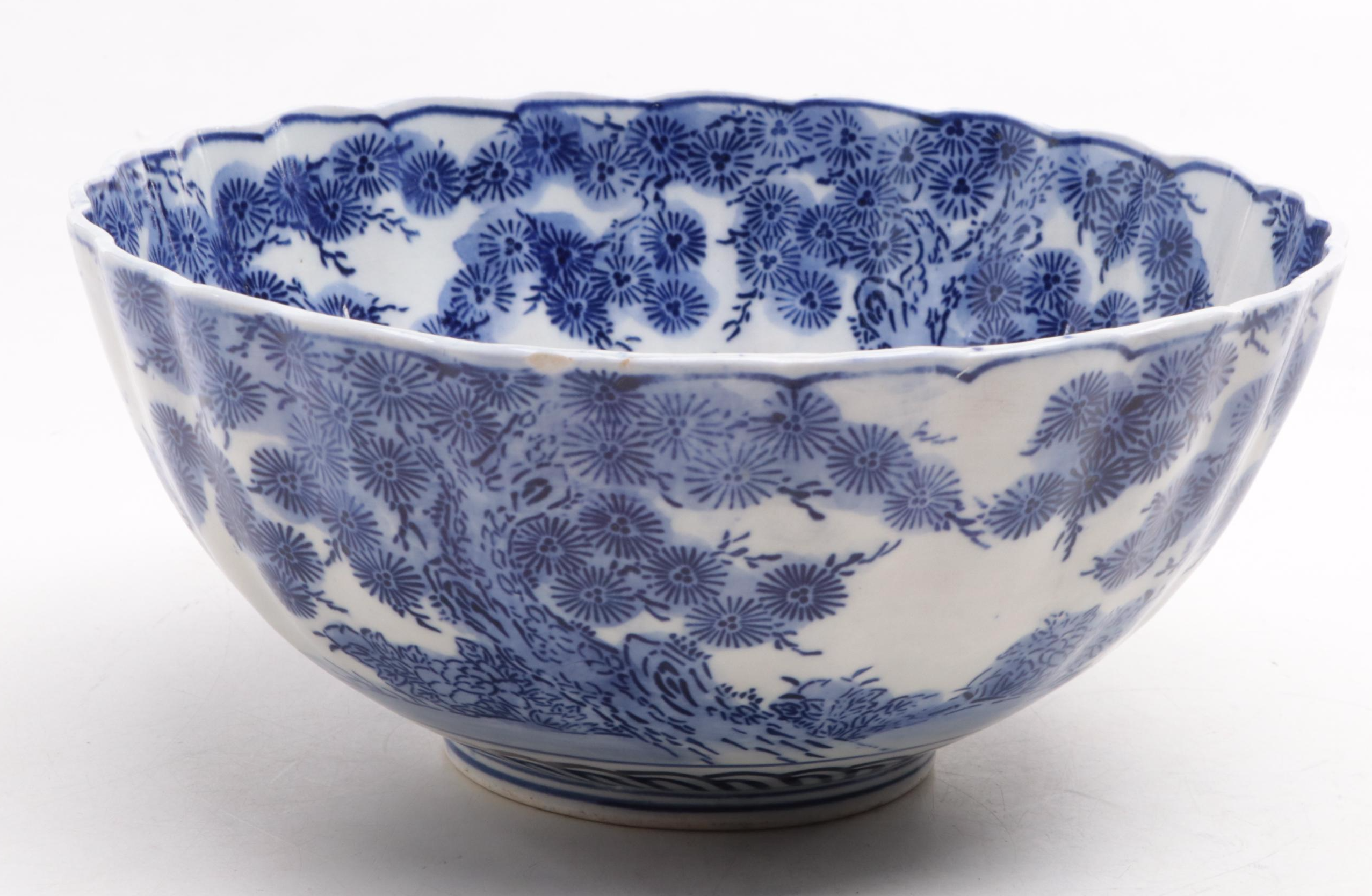 Japanese Blue and White Arita Imari Porcelain Bowl with Stand