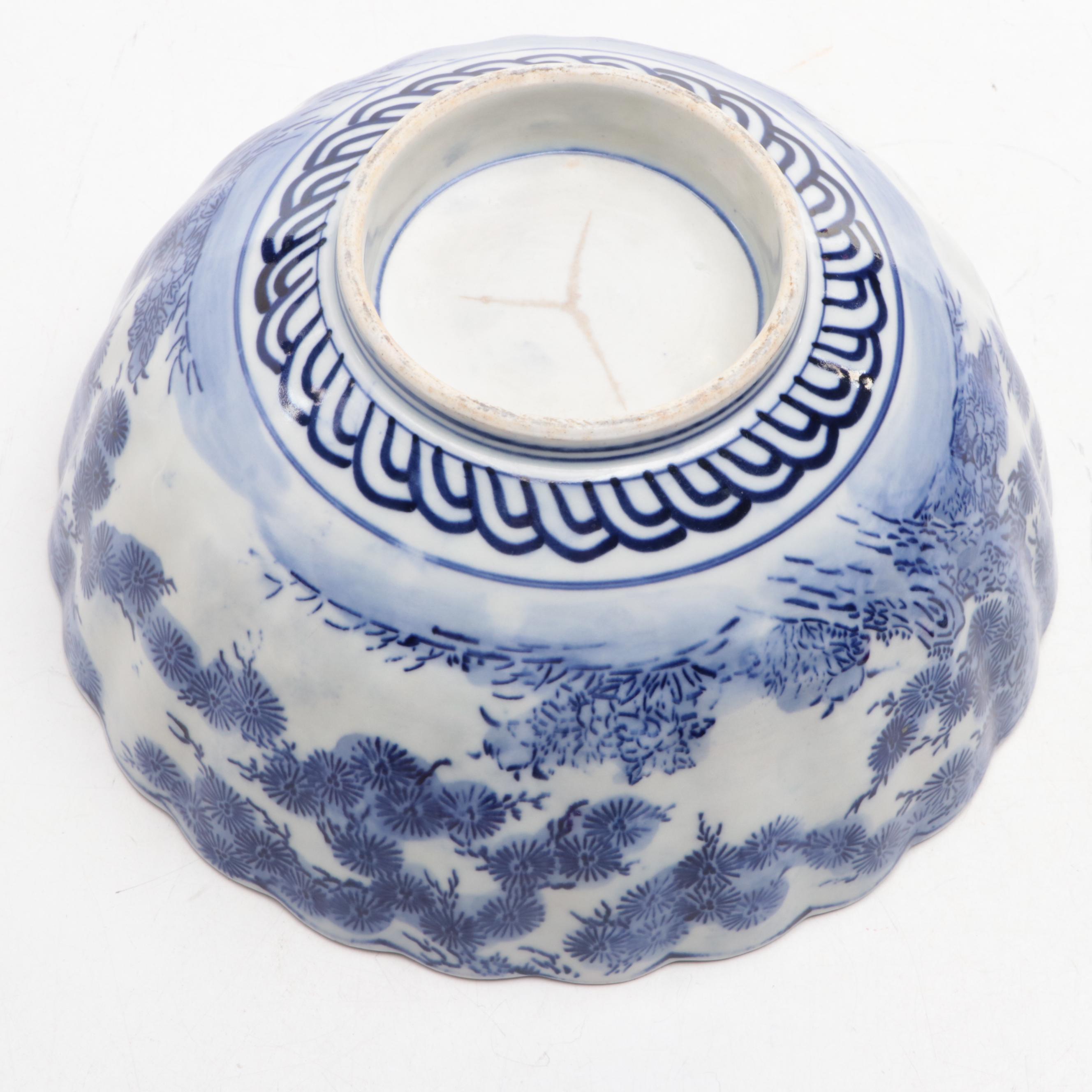 Japanese Blue and White Arita Imari Porcelain Bowl with Stand