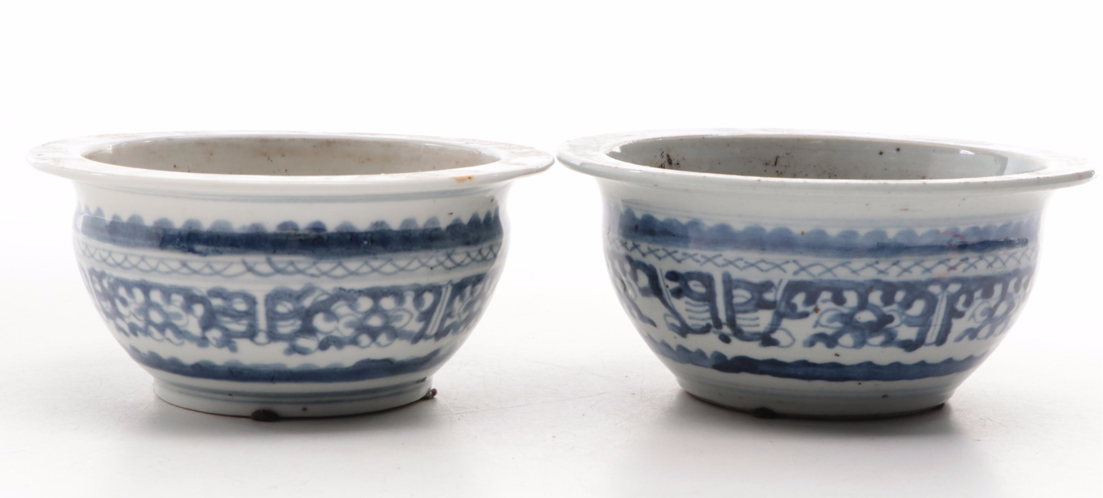 Chinese Hand-Painted Blue and White Porcelain Planters