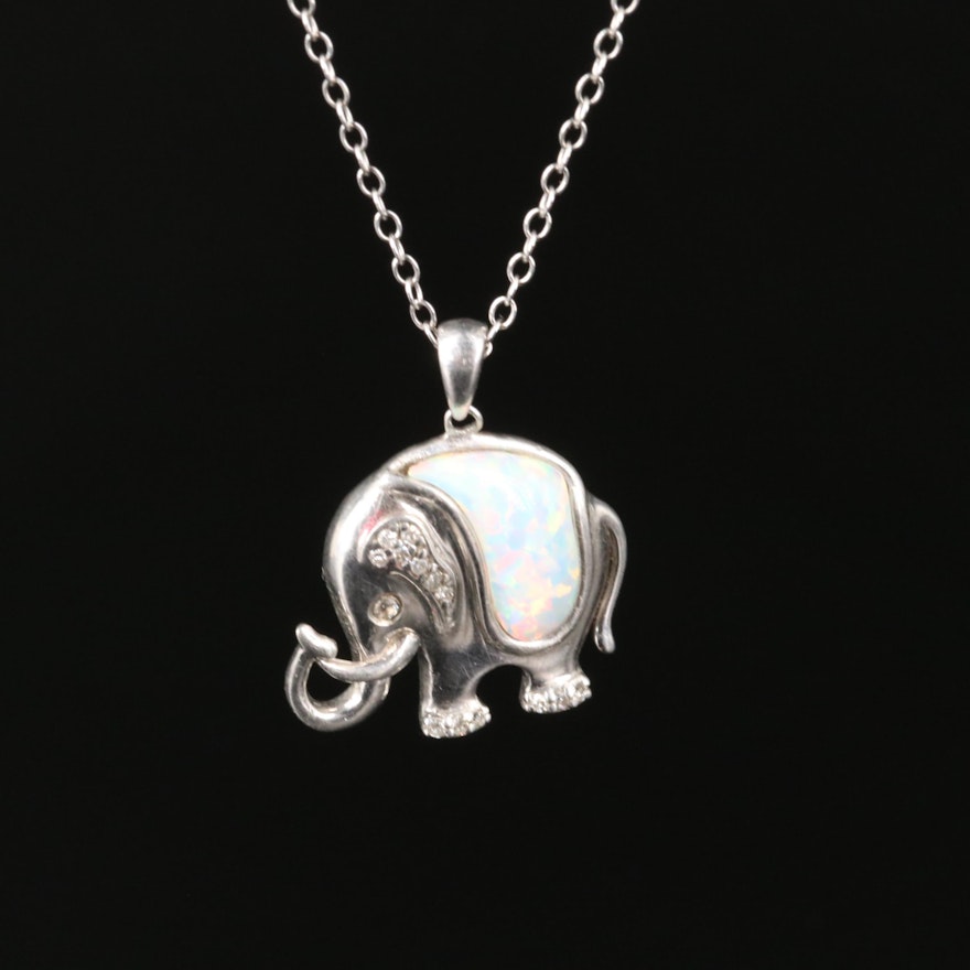Sterling Opal and Diamond Elephant Pendant Necklace