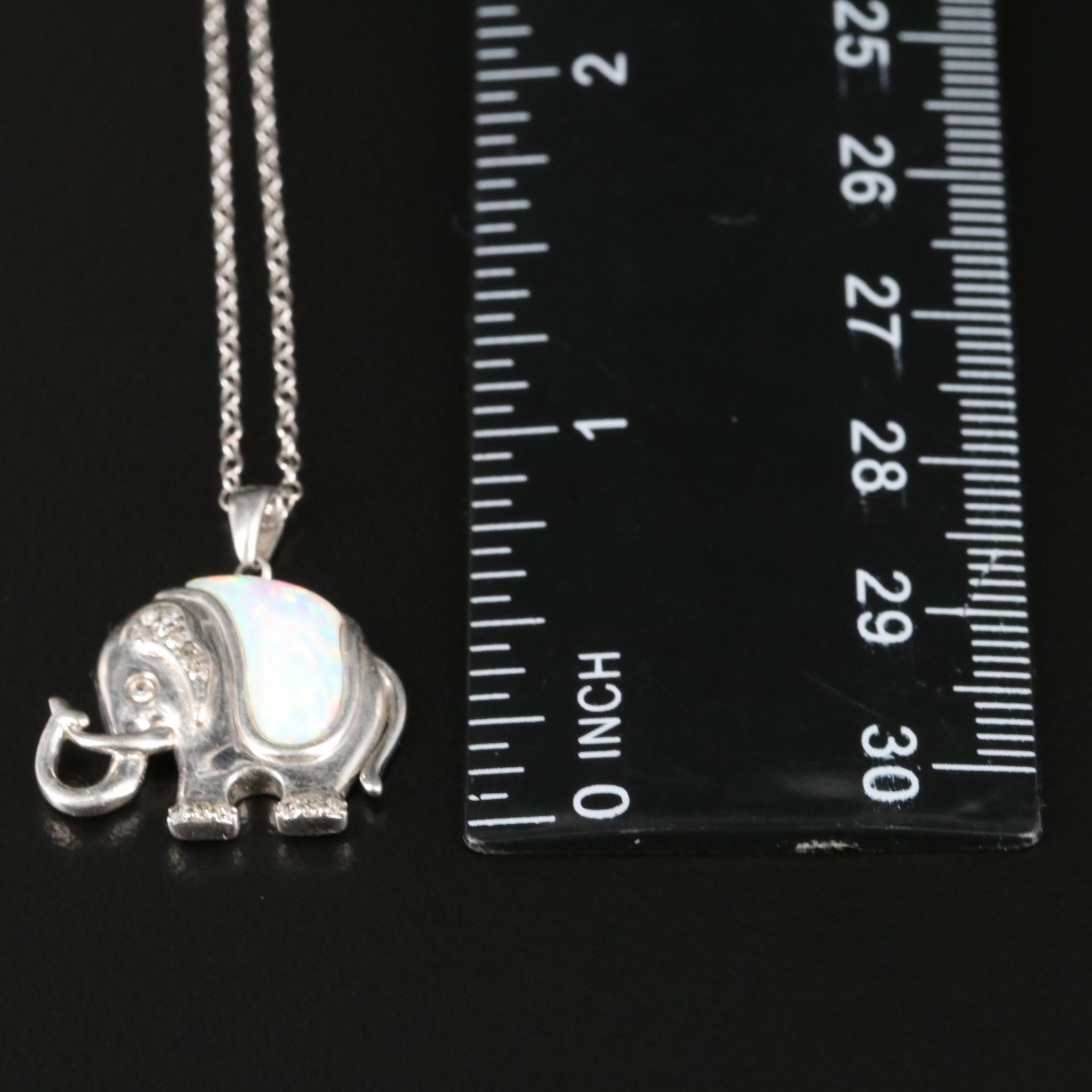 Sterling Opal and Diamond Elephant Pendant Necklace