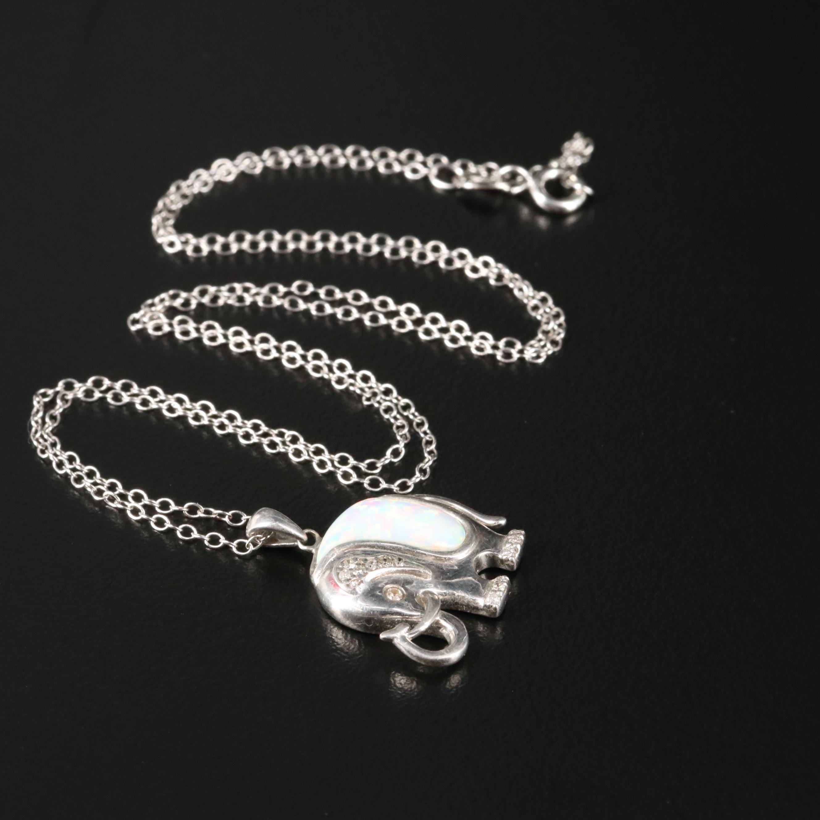 Sterling Opal and Diamond Elephant Pendant Necklace