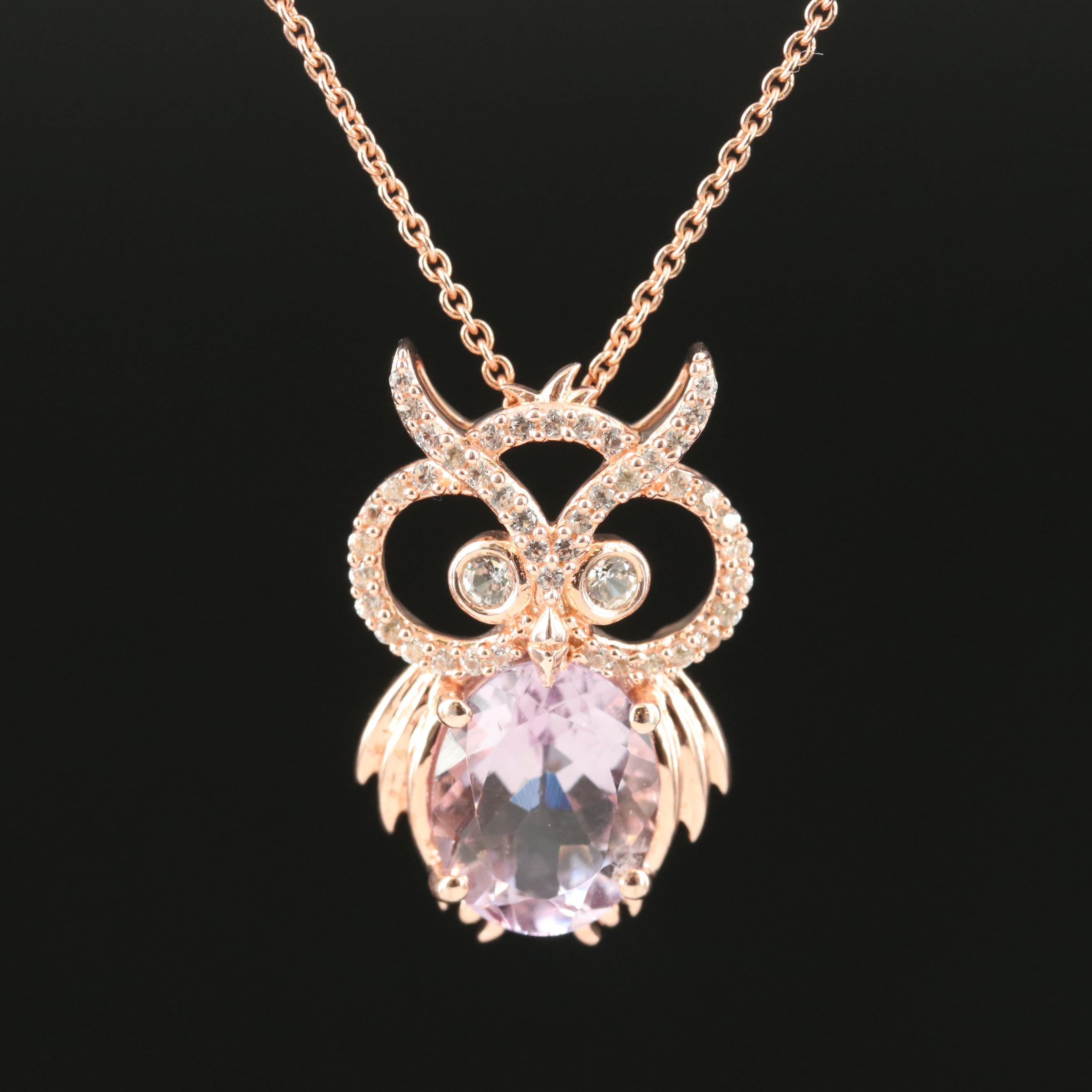 Sterling Amethyst and Sapphire Owl Pendant Necklace