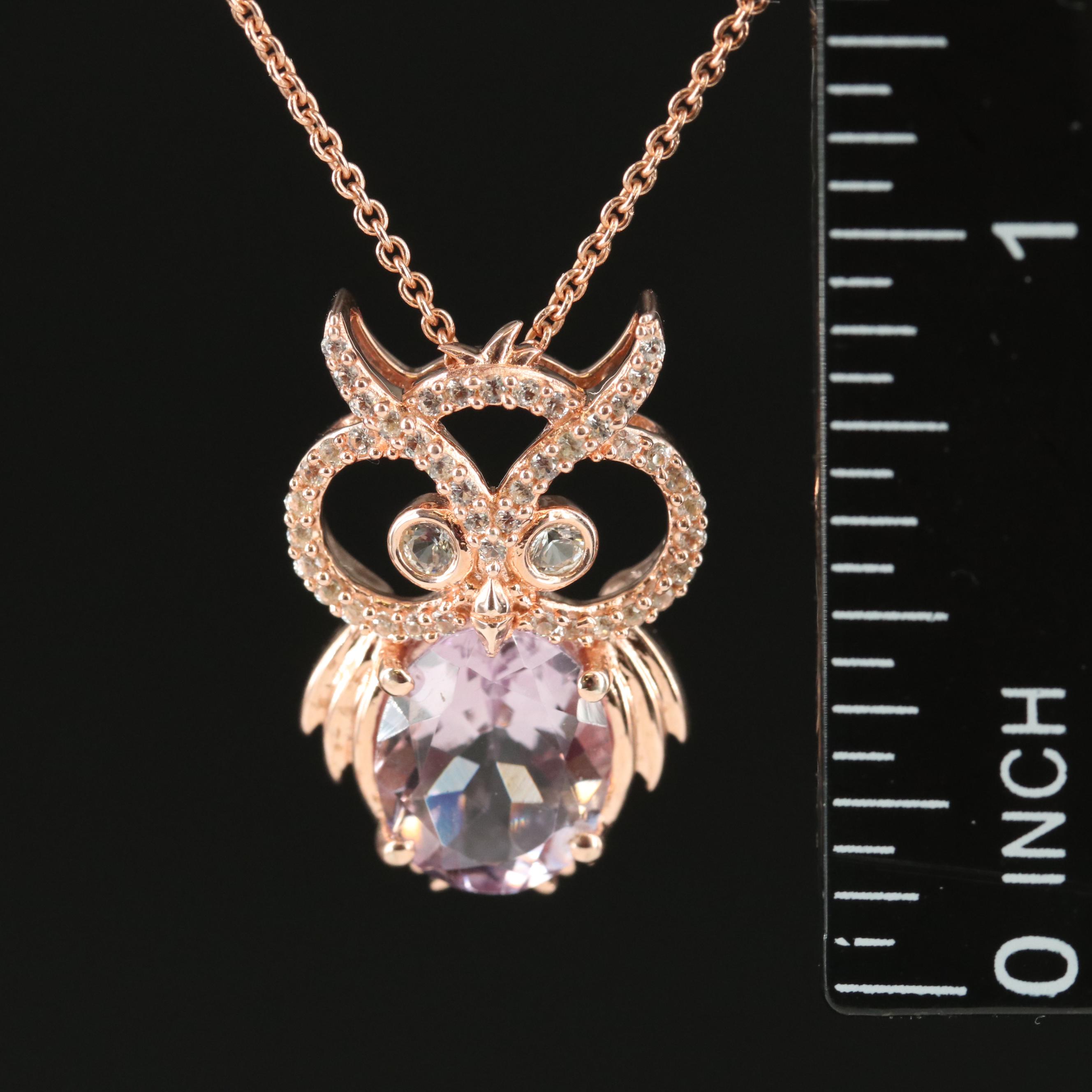 Sterling Amethyst and Sapphire Owl Pendant Necklace