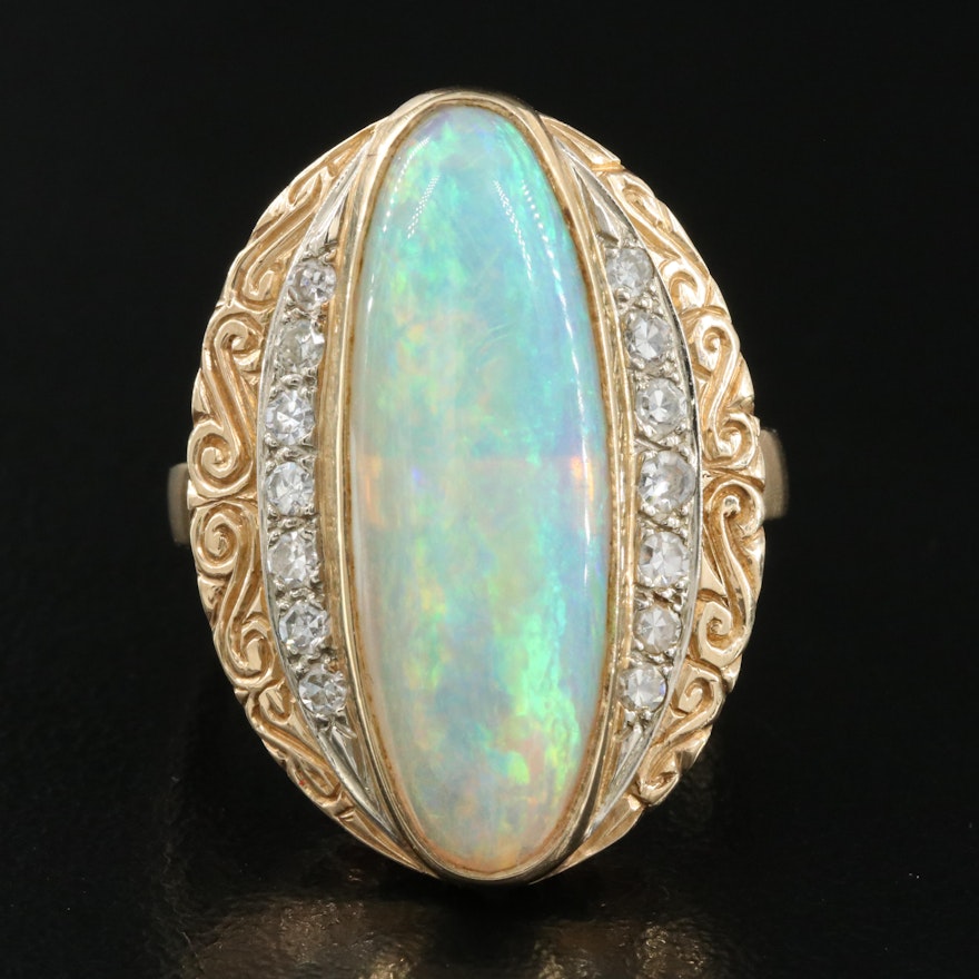 14K Opal and Diamond Oval Ring