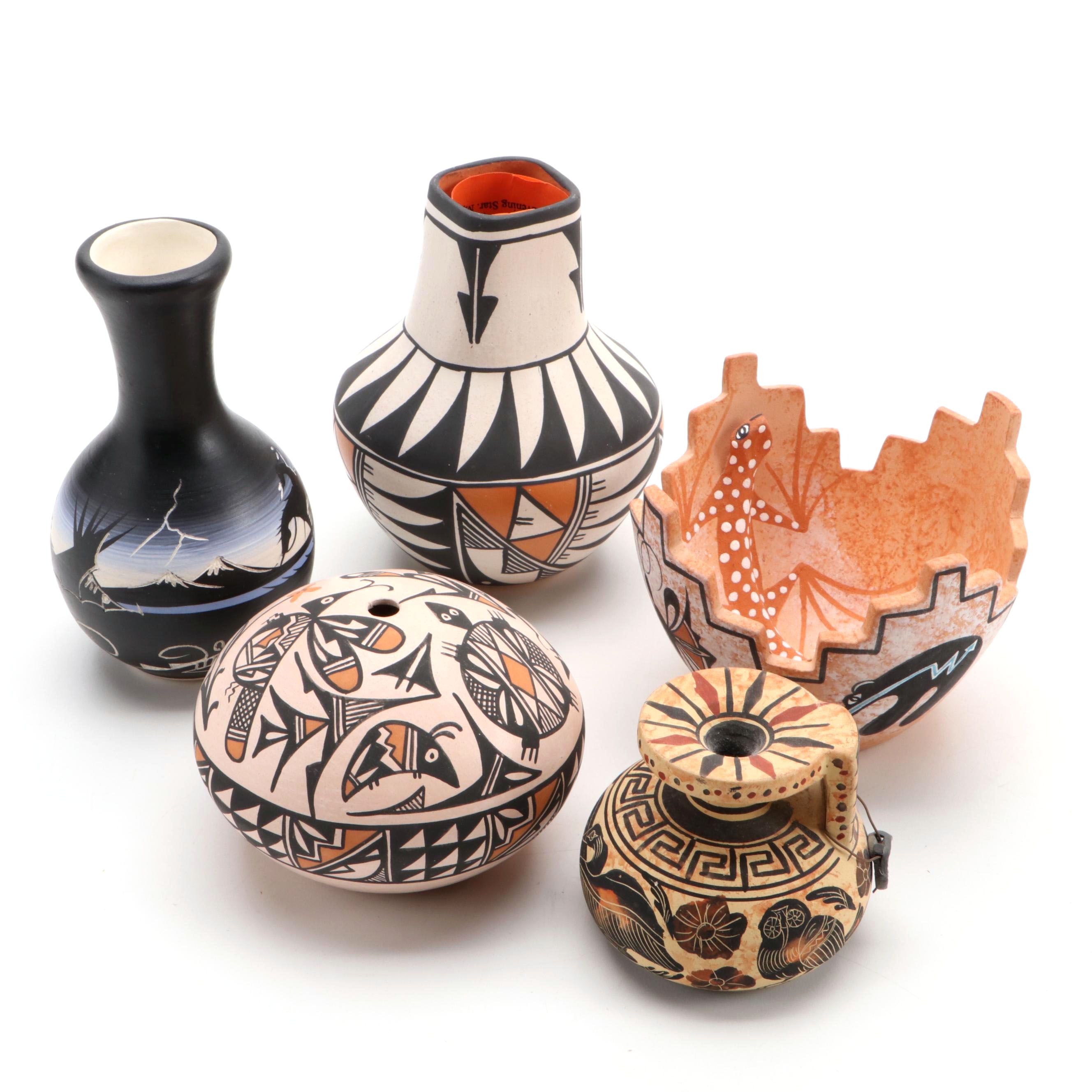 Artist Signed Pottery Olla and Vessels with Grecian Museum Replica Jar