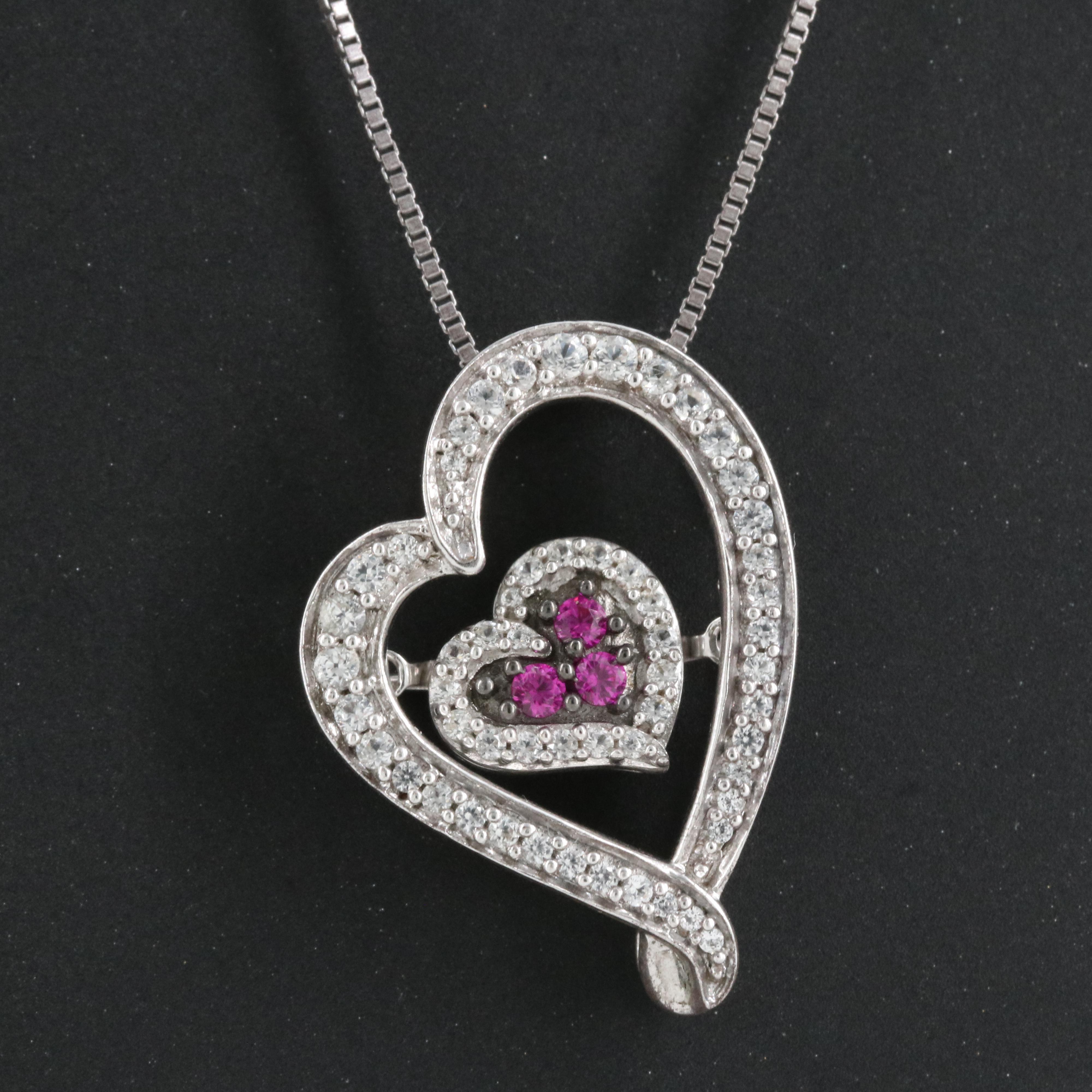 Sterling Ruby and Sapphire Heart Tremble Pendant Necklace