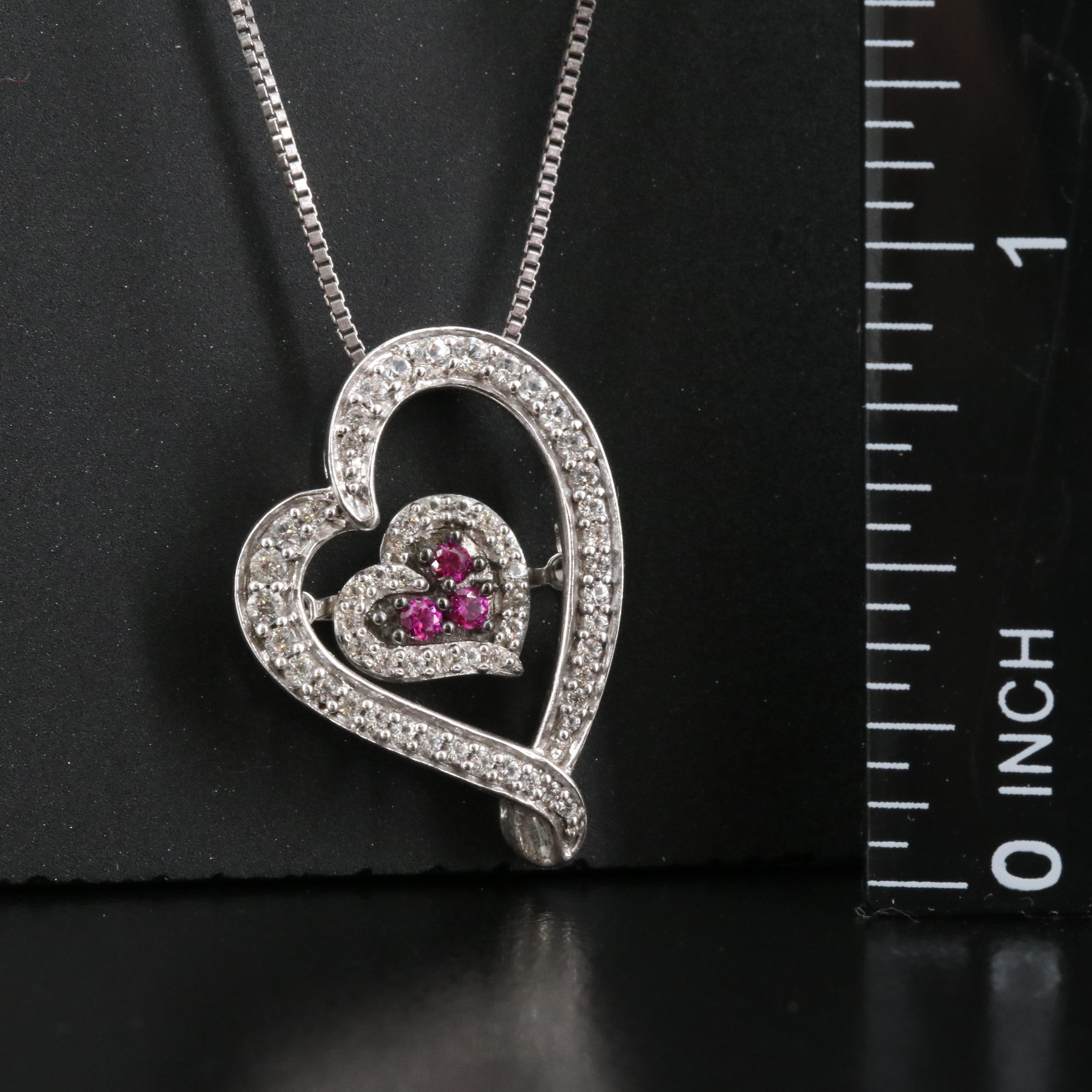 Sterling Ruby and Sapphire Heart Tremble Pendant Necklace