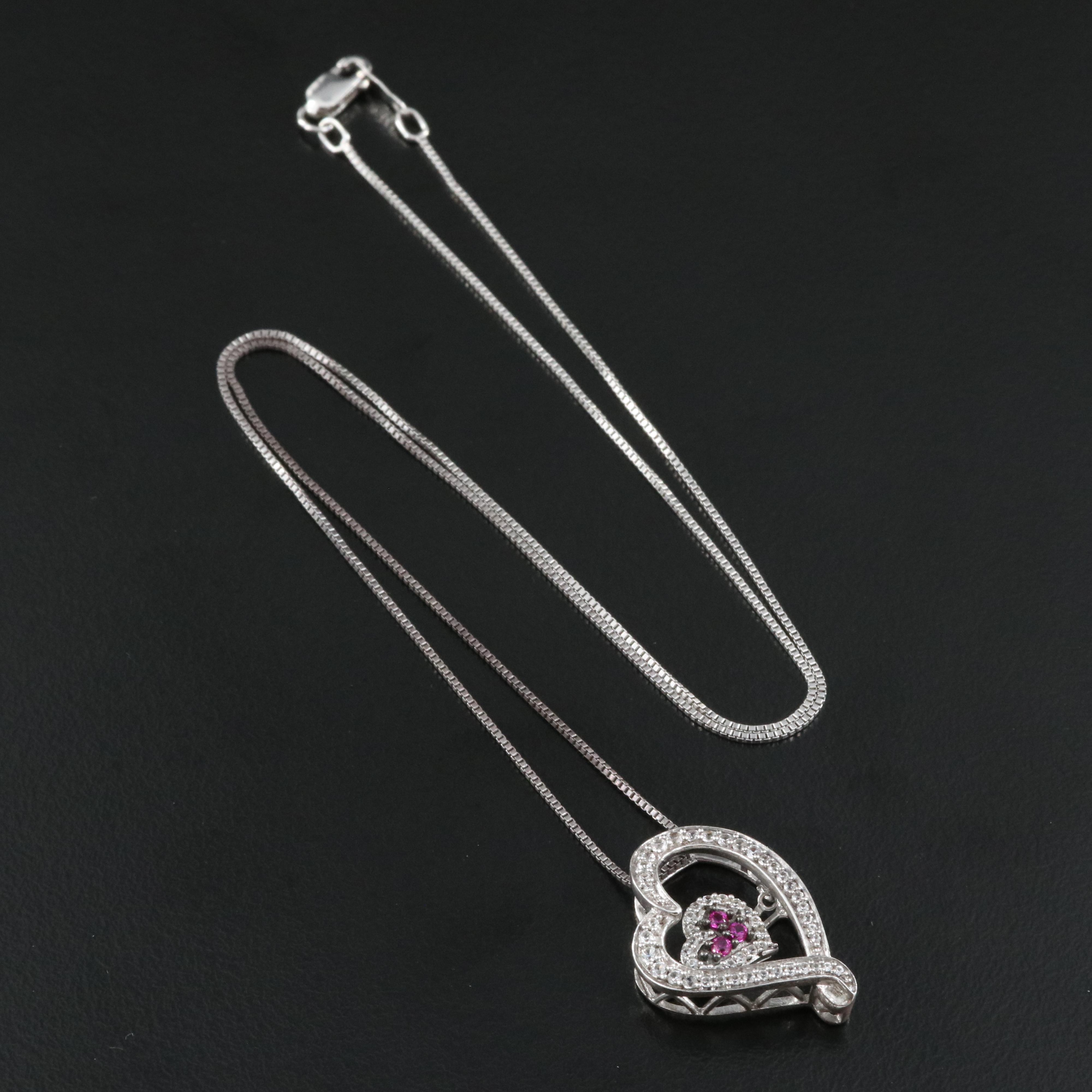 Sterling Ruby and Sapphire Heart Tremble Pendant Necklace
