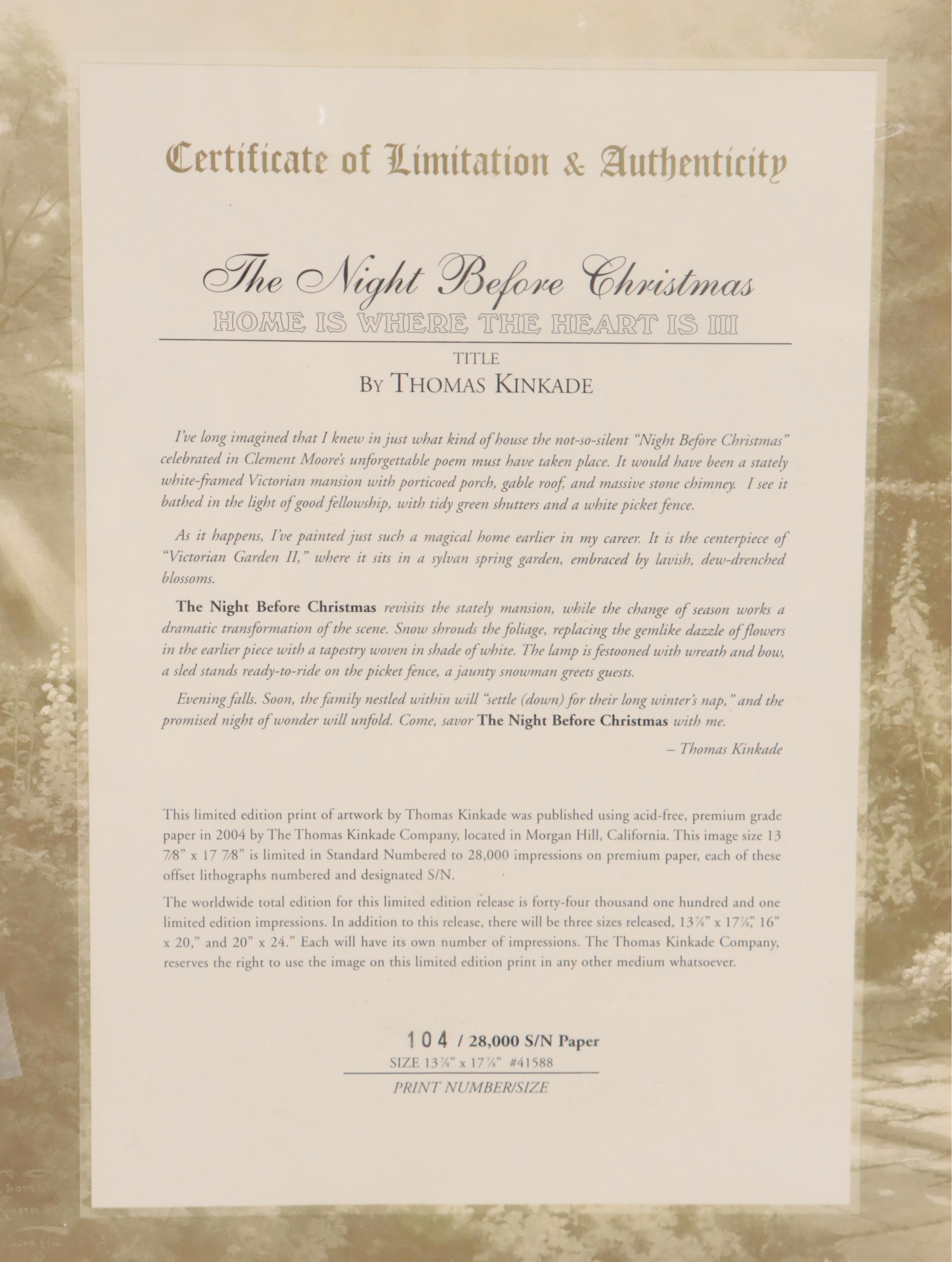 Thomas Kinkade Offset Lithograph "The Night Before Christmas"