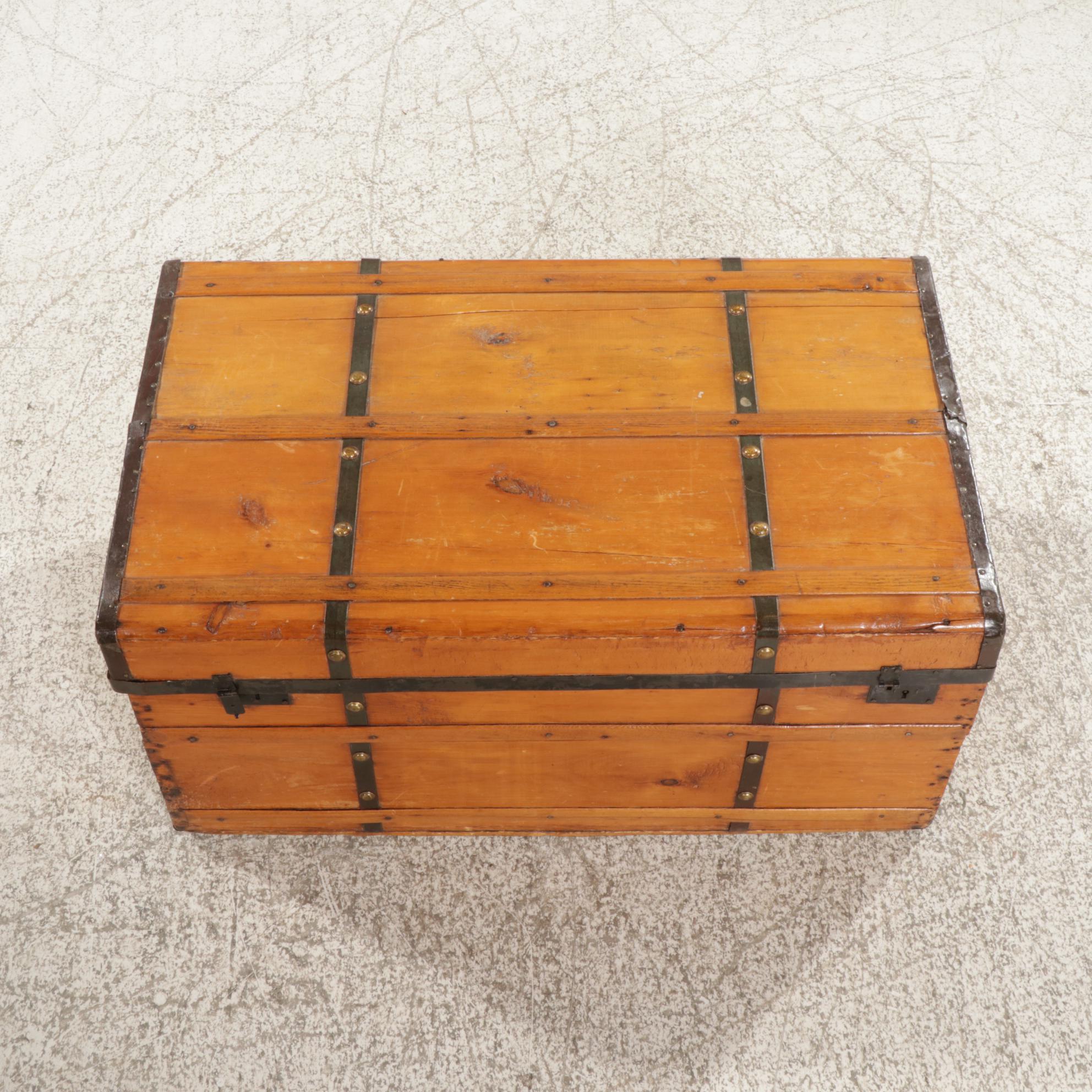 Metal-Banded Pine Travel Trunk, Early to Mid 20th Century